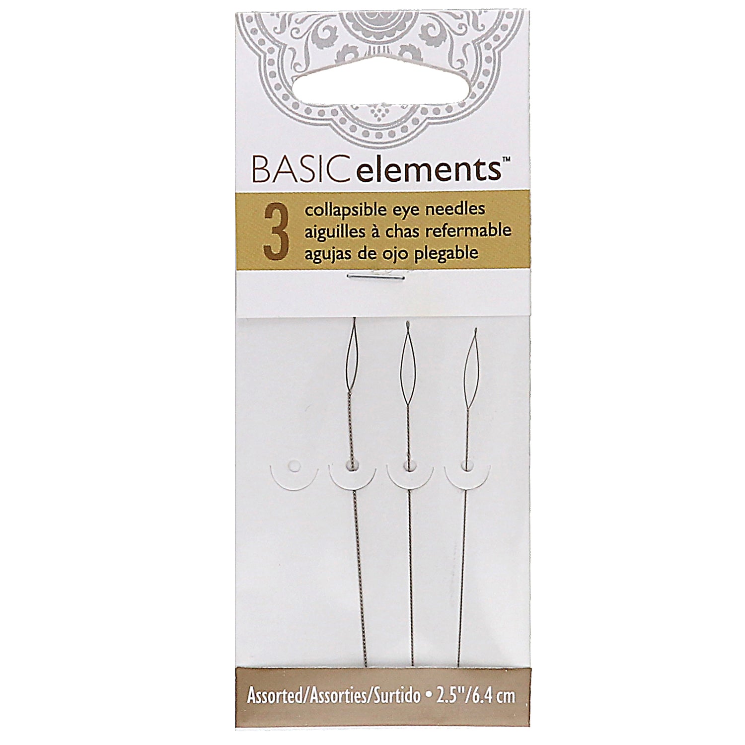 Basic Elements, 3 Pack Assortment, 2.25in Collapsible Eye Beading Needles, Fine, Medium, Heavy