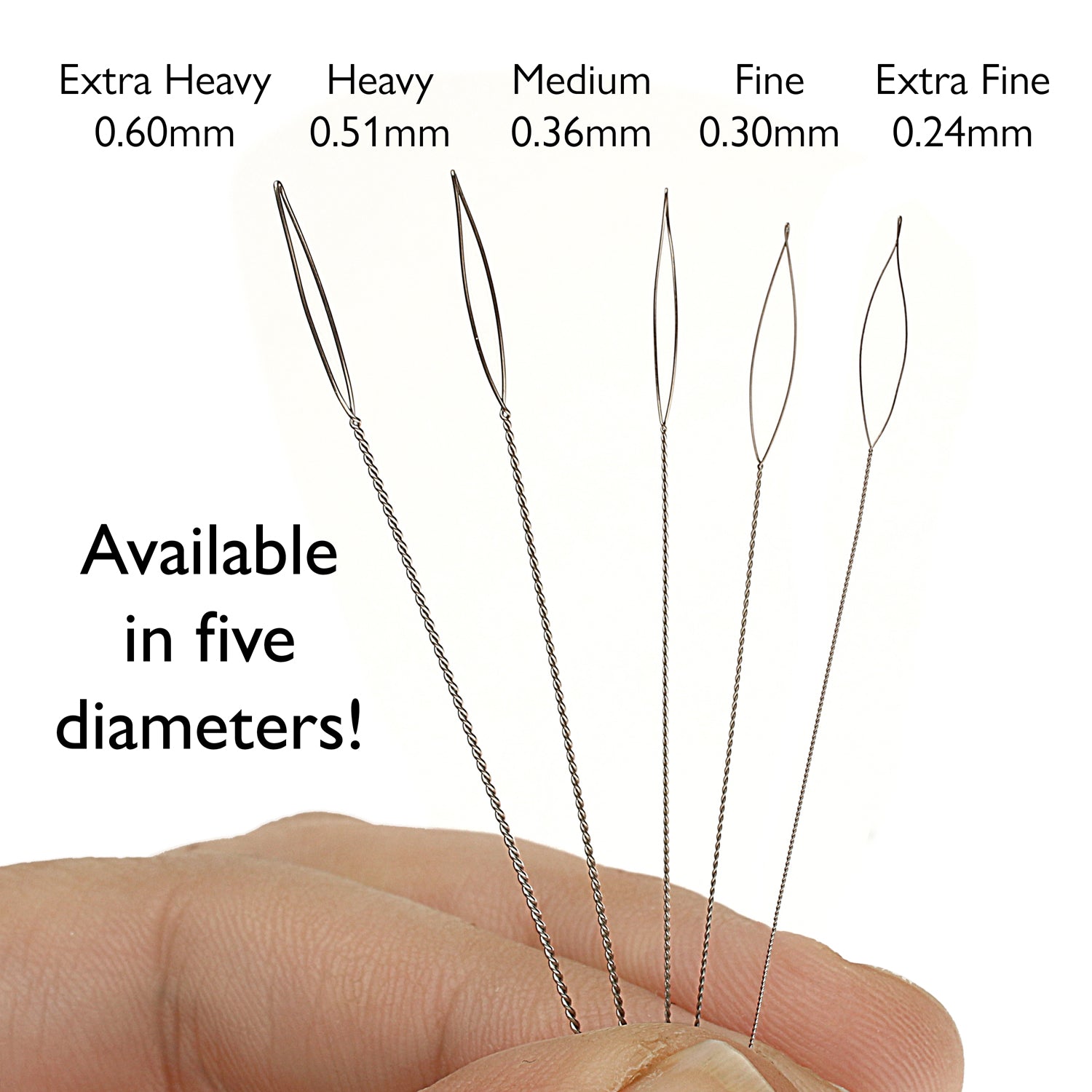 Basic Elements, 5 Pack Assortment, 2.25in Collapsible Eye Beading Needles, Extra Fine, Fine, Medium, Heavy, Extra Heavy