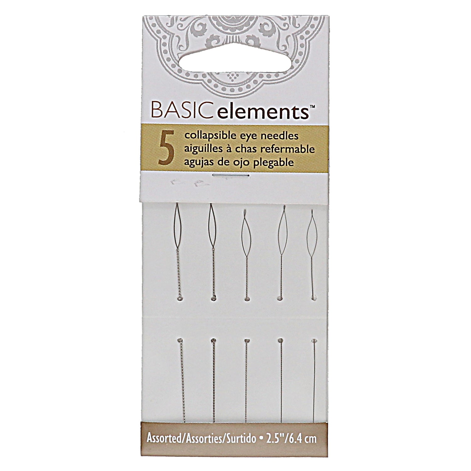 Basic Elements, 5 Pack Assortment, 2.25in Collapsible Eye Beading Needles, Extra Fine, Fine, Medium, Heavy, Extra Heavy