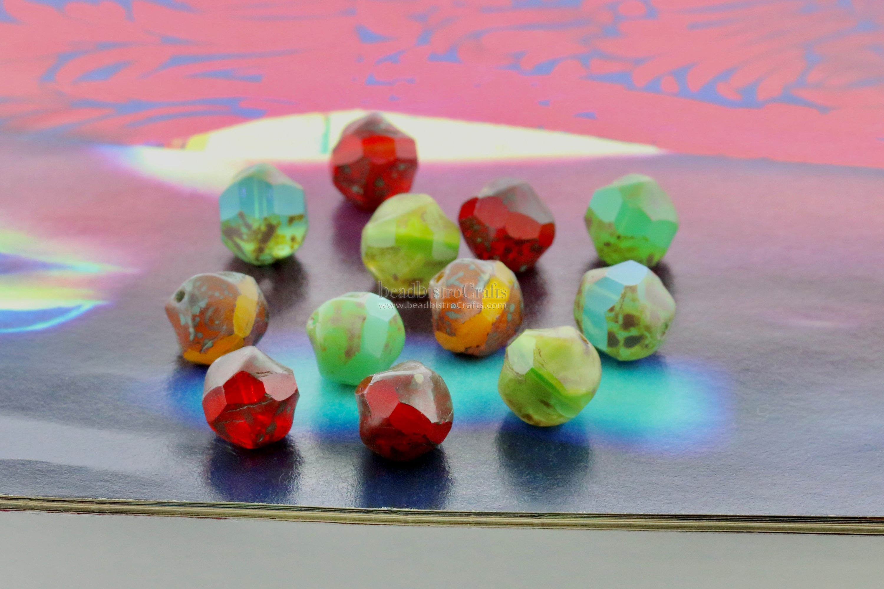 Central Cut Bead 9x10mm Rainbow Colors Travertine Mixed Facetted Czech Glass Beads