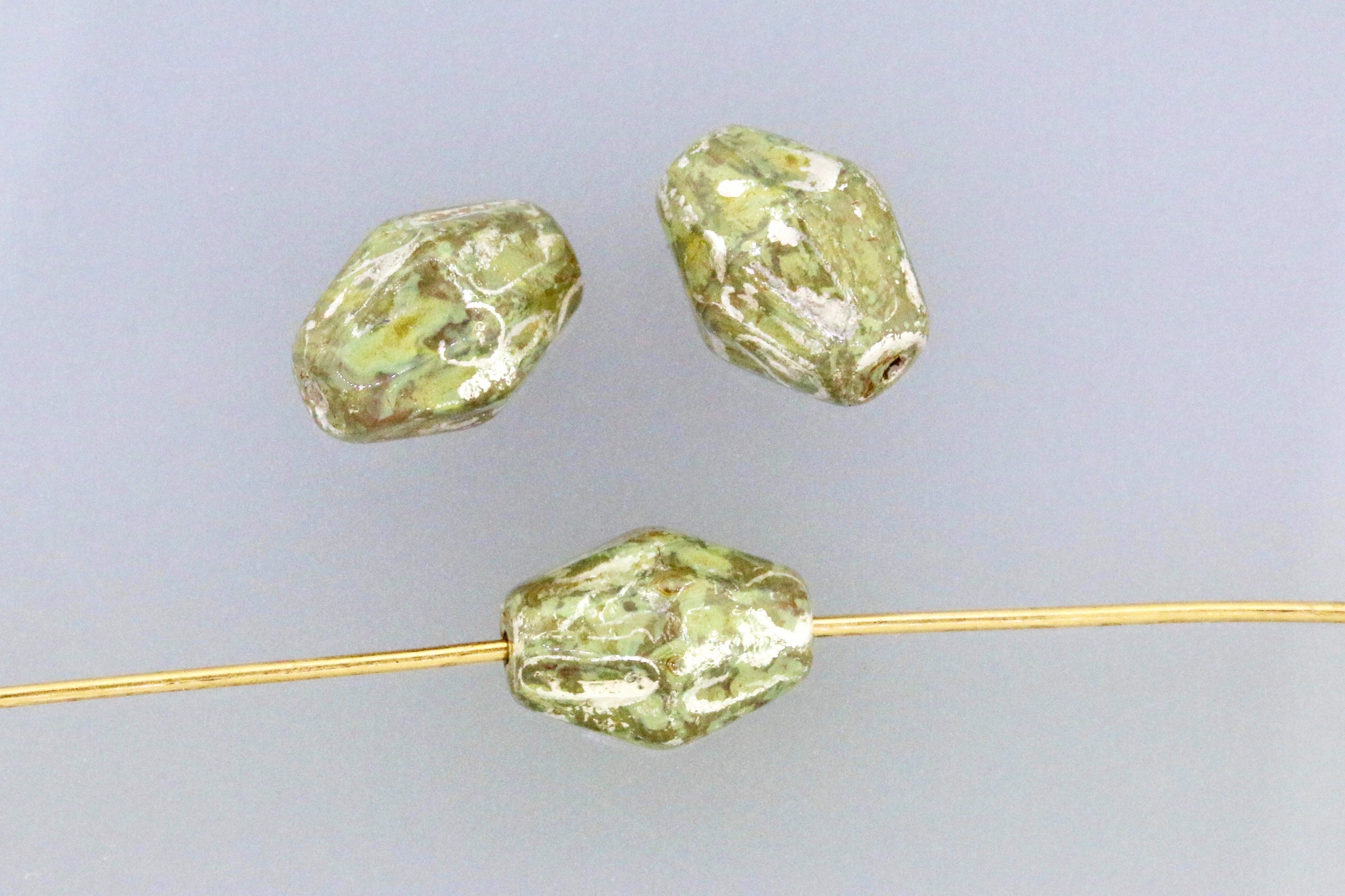 Czech Glass Beads Elongated Bicone 10x8.5mm Chartreuse Silver Picasso (6pcs)