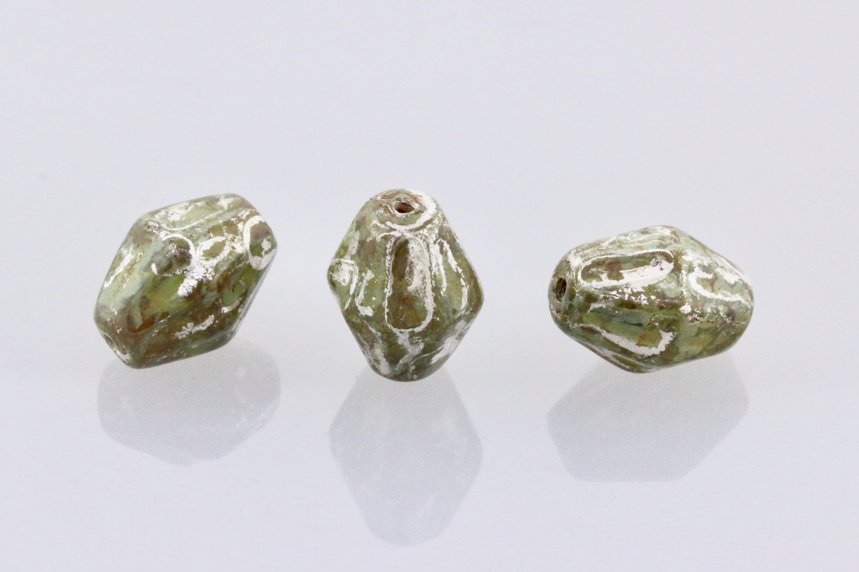 Czech Glass Beads Elongated Bicone 10x8.5mm Chartreuse Silver Picasso (6pcs)