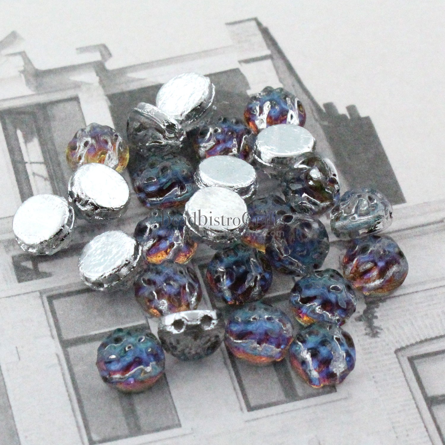 2-hole Cratered Cabochon Bead 7mm Backlit Petroleum Round Baroque Czech Glass Beads 20pcs