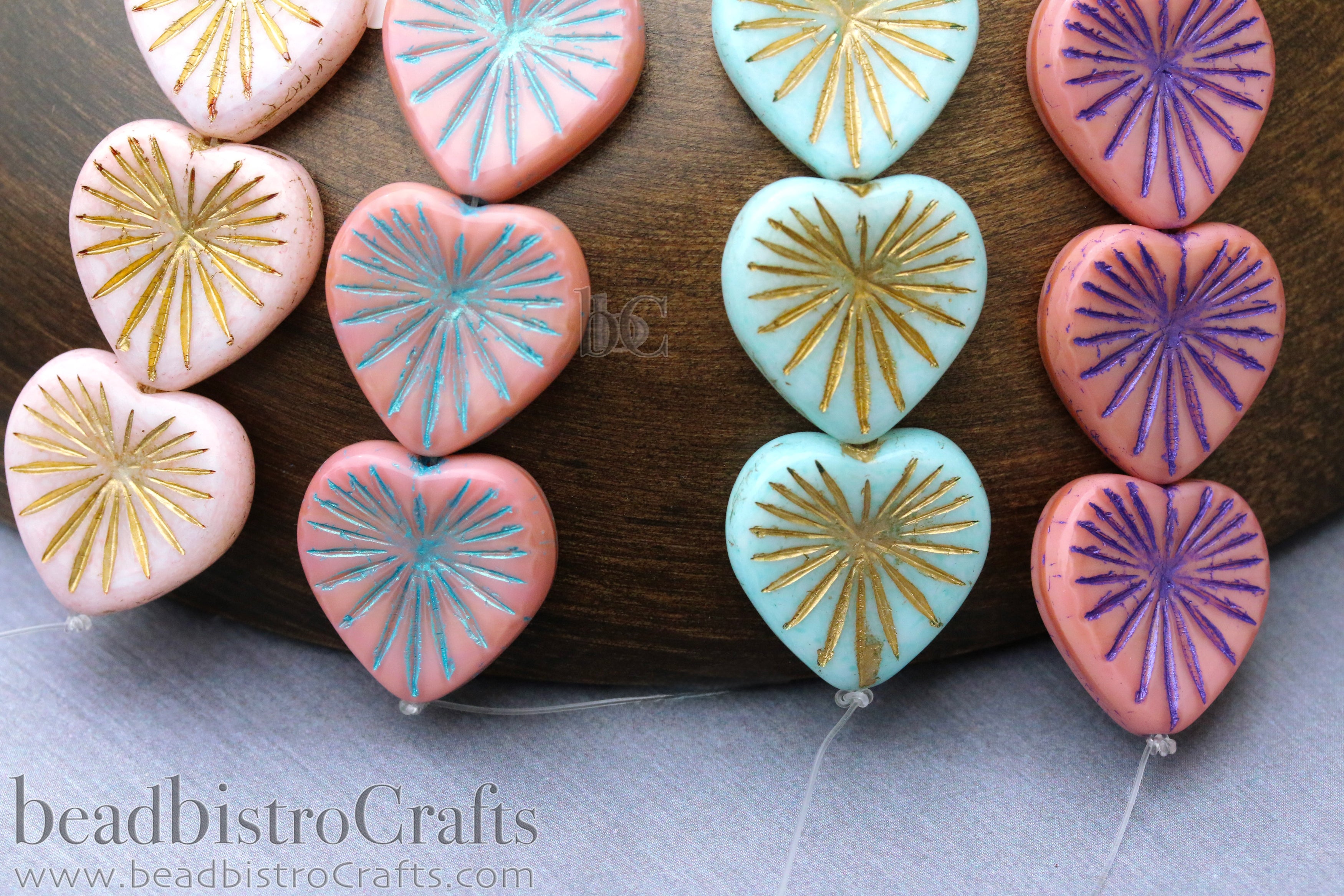 Czech Glass Starburst Heart Beads 18mm Alabaster Pale Strawberry with Metallic Gold Wash (2 or 4pcs)