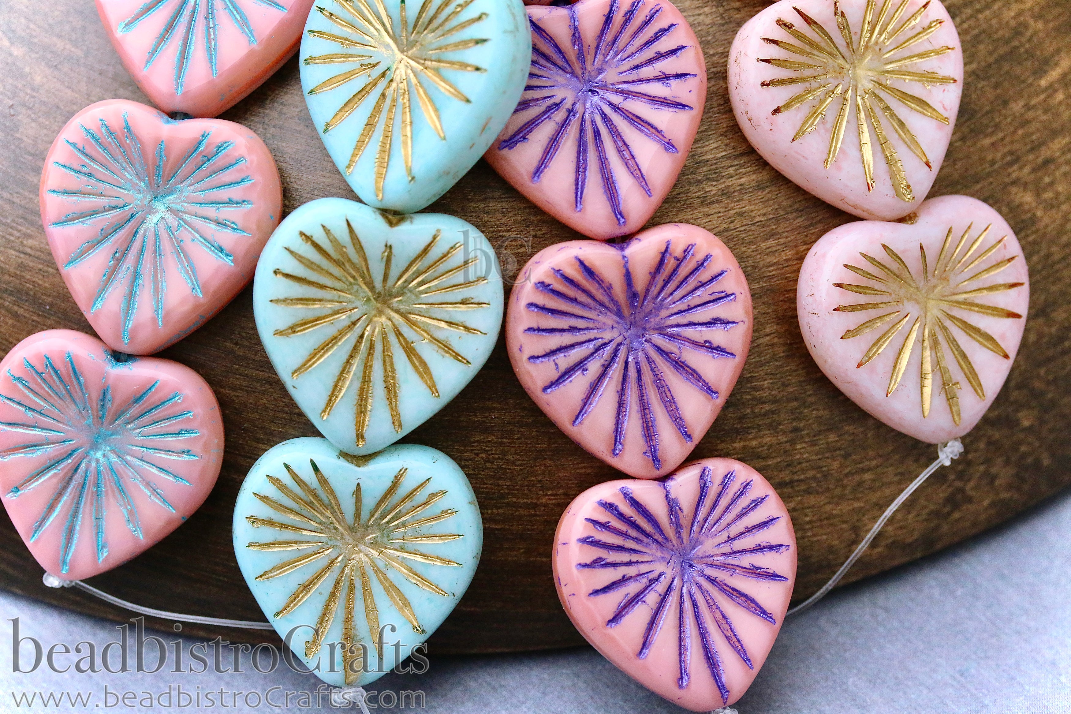 Czech Glass Starburst Heart Beads 18mm Alabaster Pale Strawberry with Metallic Gold Wash (2 or 4pcs)