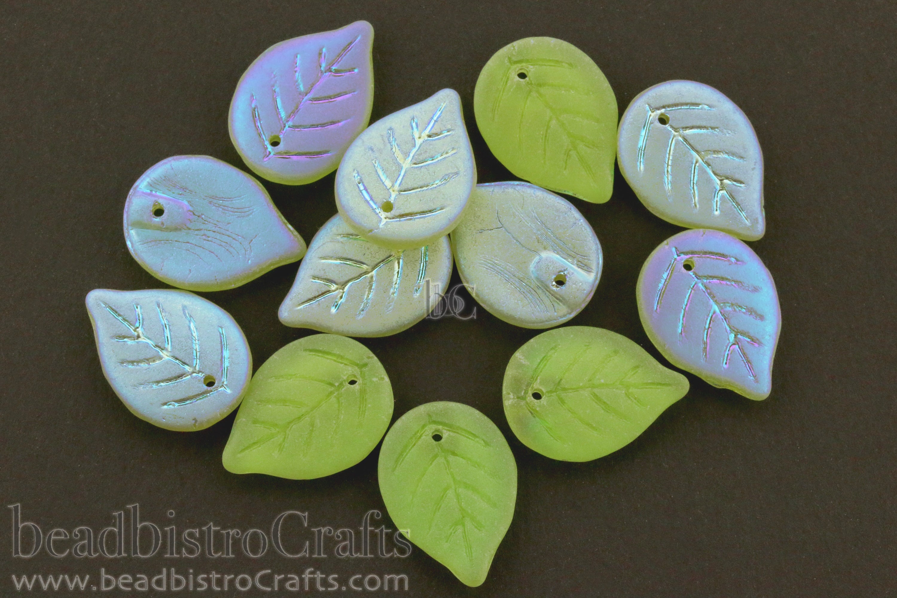 Czech Glass Apple Leaf Beads 18x13mm Frosted Peridot AB (12pcs)