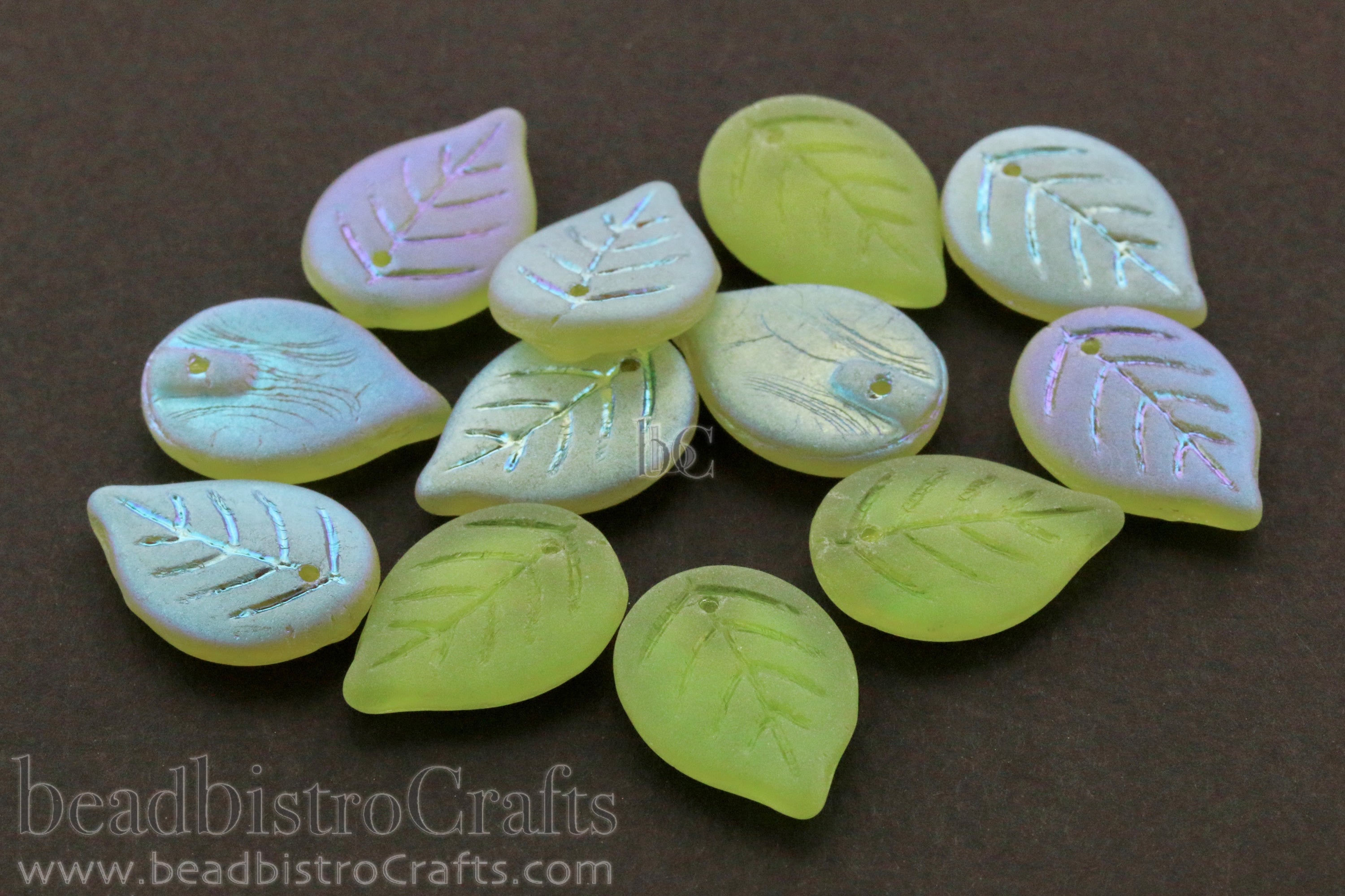 Czech Glass Apple Leaf Beads 18x13mm Frosted Peridot AB (12pcs)