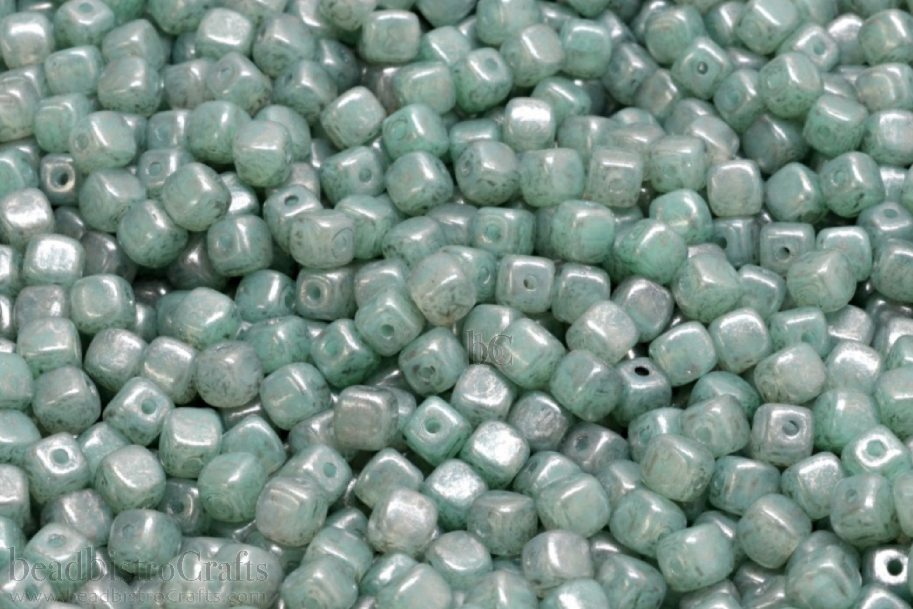 Czech Glass MINI Cube 4x4mm Pressed Glass Bead SeaFoam Silver Patina Luster (50pc)