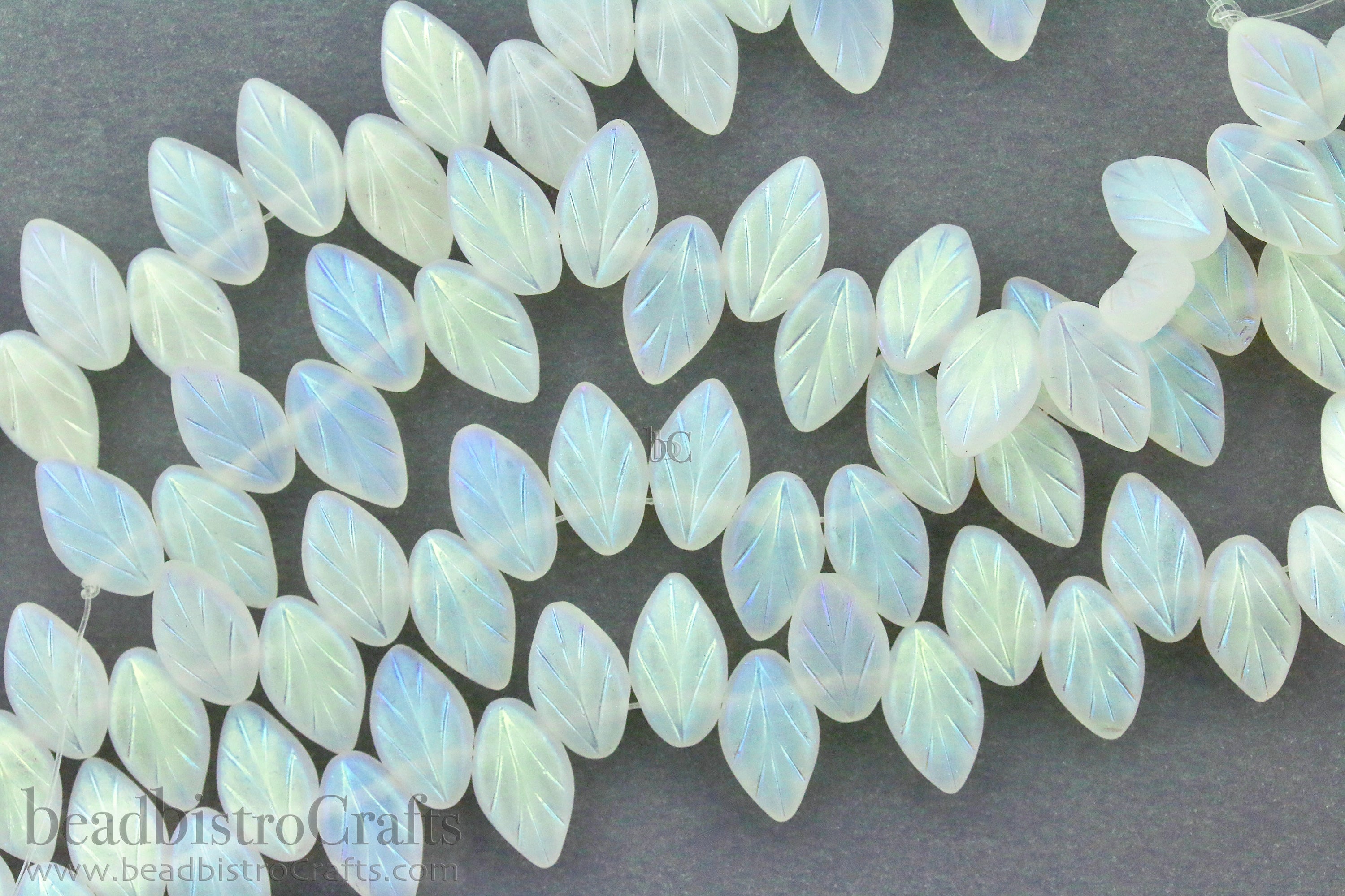 Czech Glass Bay Leaf Beech 11x7mm Frosted Crystal Full AB (20pcs)