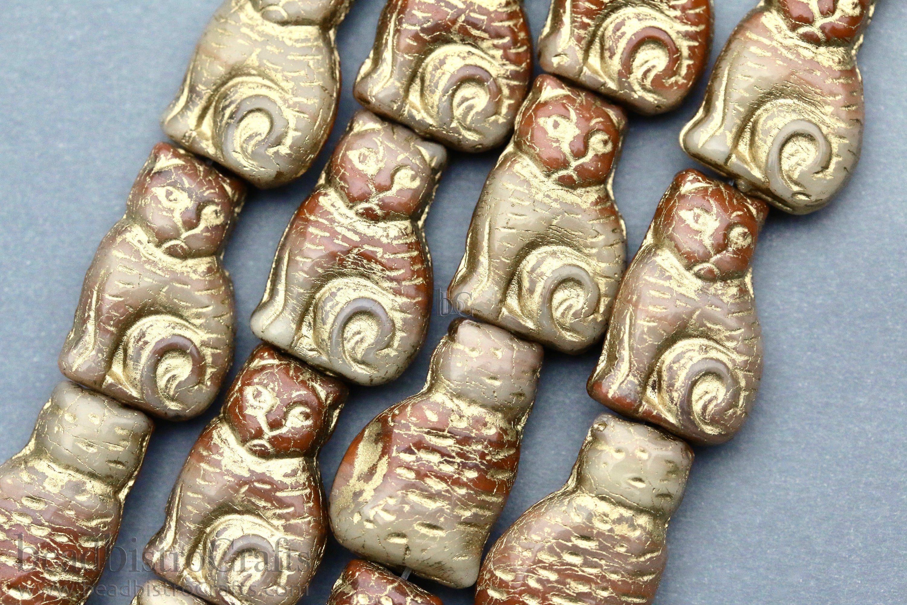 Czech Glass Cat Beads 17x11mm Brown Calico Gold Wash (4pcs)