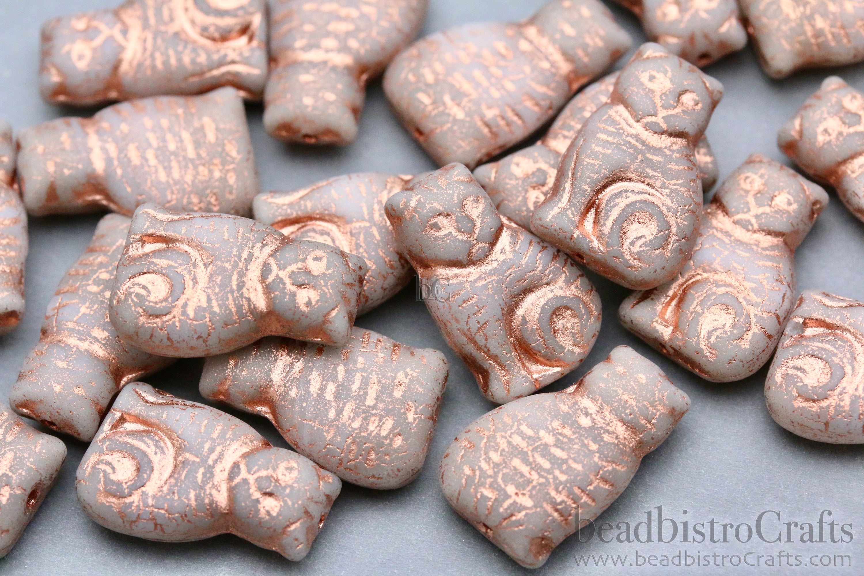 Czech Glass Cat Beads 17x11mm Matte Grey Calico Copper Wash (4pcs)