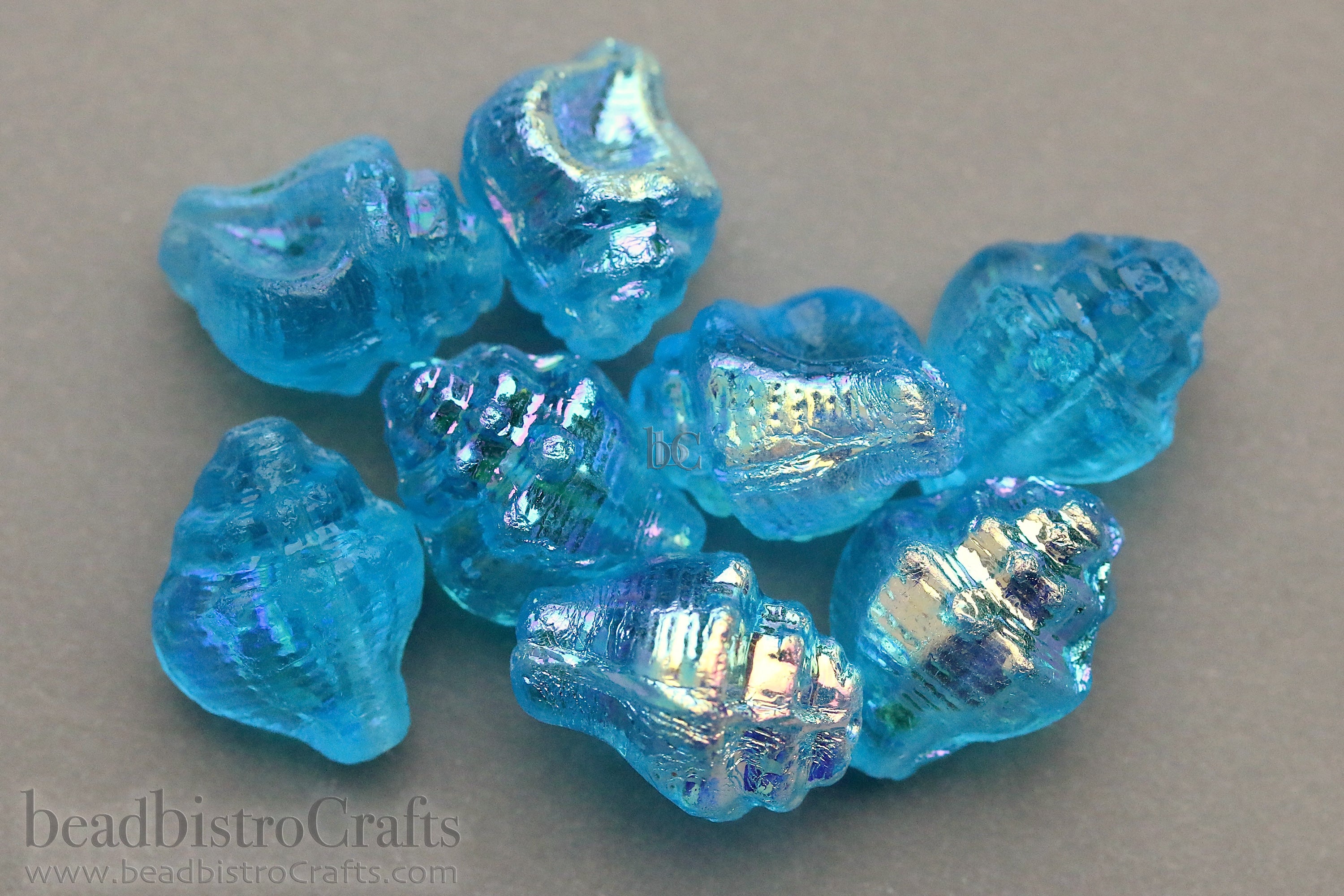 Czech Glass Conch Shell Beads 15x12mm Aqua AB (4pcs)