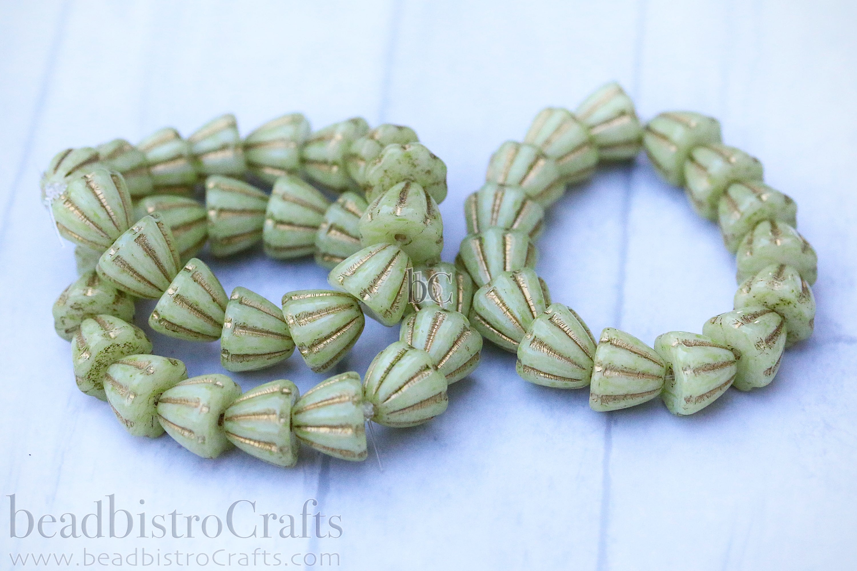 Czech Glass Beads Flower Cupola Beads 7x9mm Alabaster Pale Lime Coat Metallic Gold Wash (15pcs)