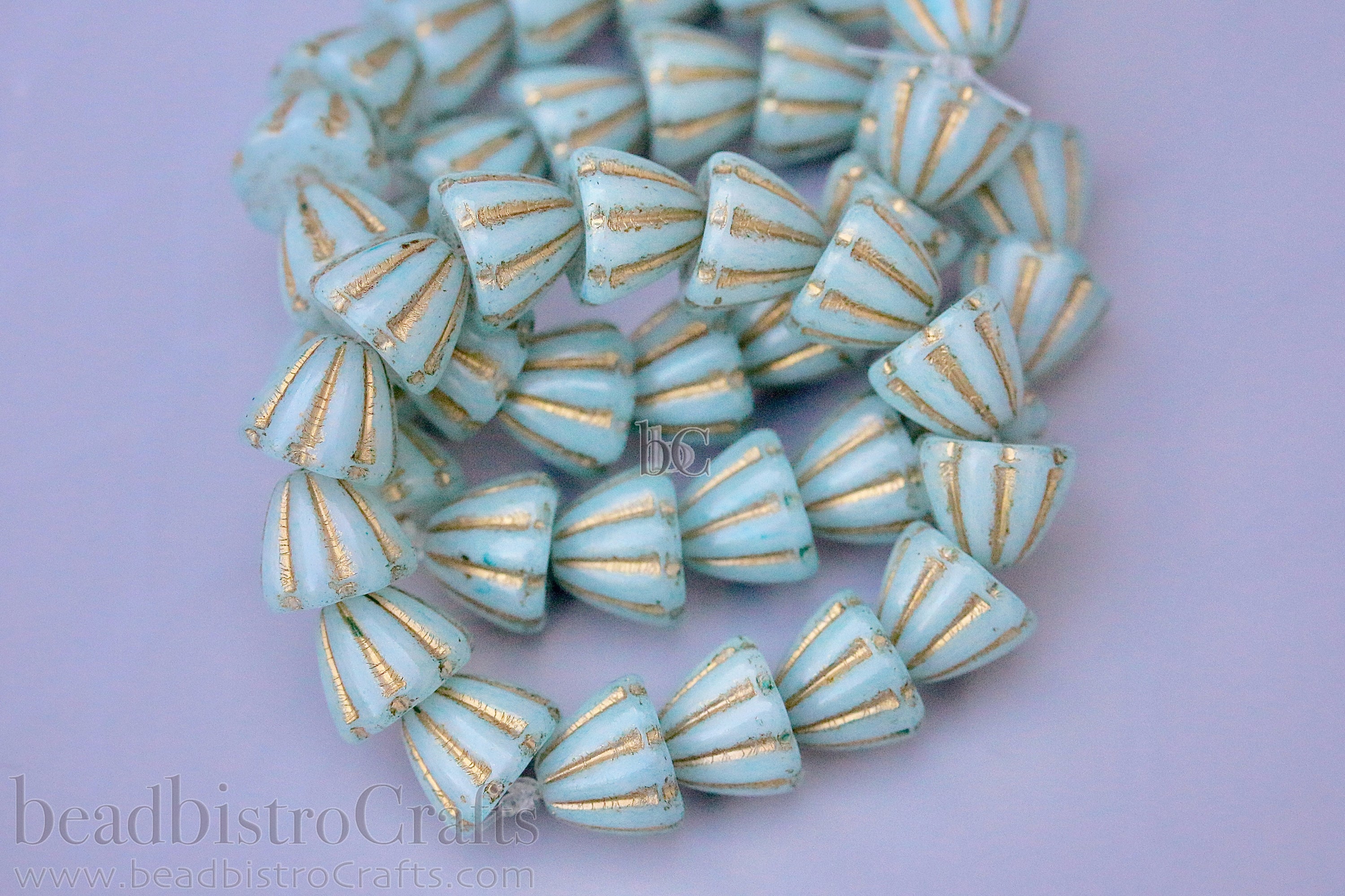 Czech Glass Beads Flower Cupola Beads 7x9mm Alabaster Pale Mint Coat Metallic Gold Wash (15pcs)