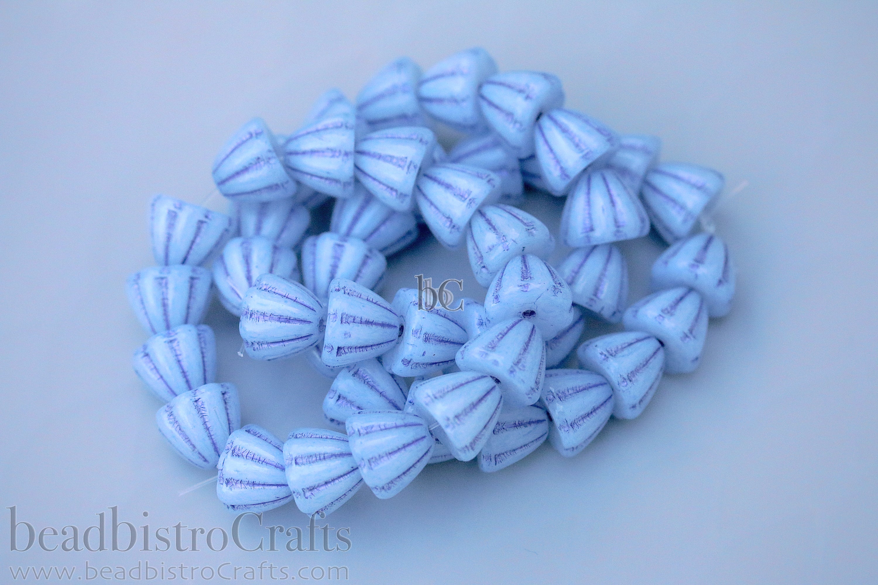 Czech Glass Beads Flower Cupola Beads 7x9mm Alabaster Pale Blue Coat Purple Wash (15pcs)