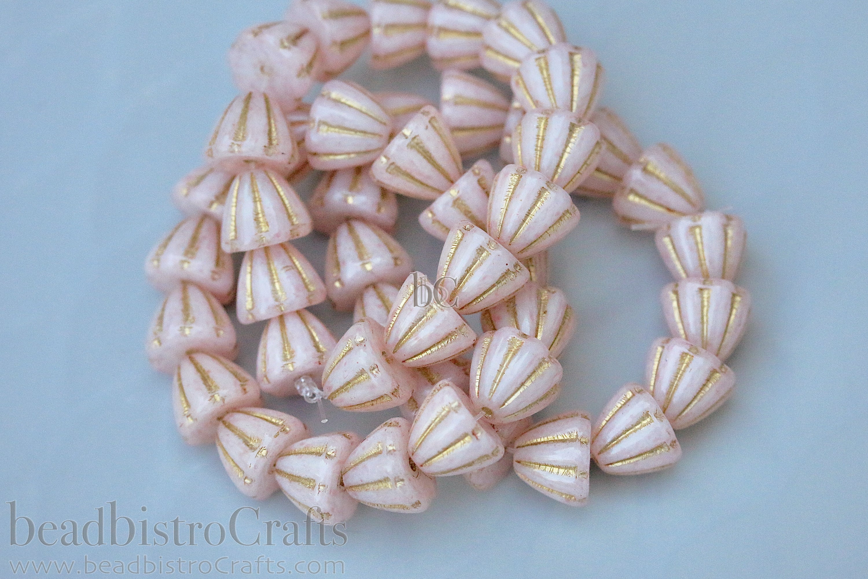 Czech Glass Beads Flower Cupola Beads 7x9mm Alabaster Pale Pink Coat Metallic Gold Wash (15pcs)