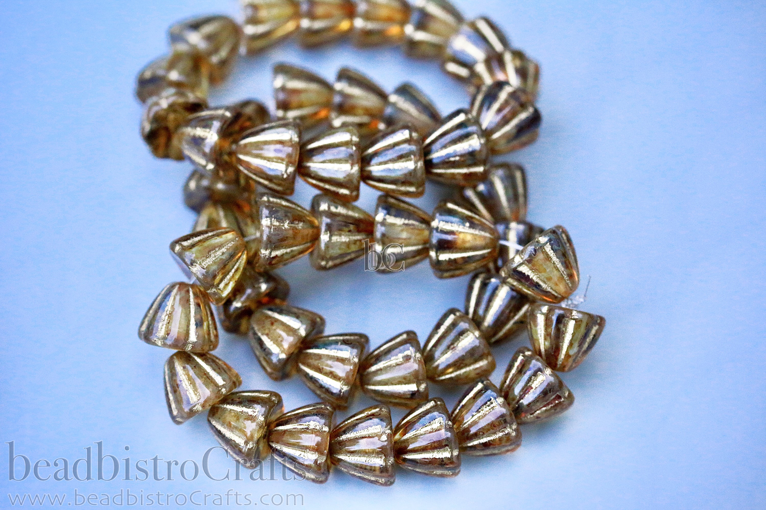 Czech Glass Beads Flower Cupola Beads 7x9mm Crystal Travertine Metallic Gold Wash (15pcs)