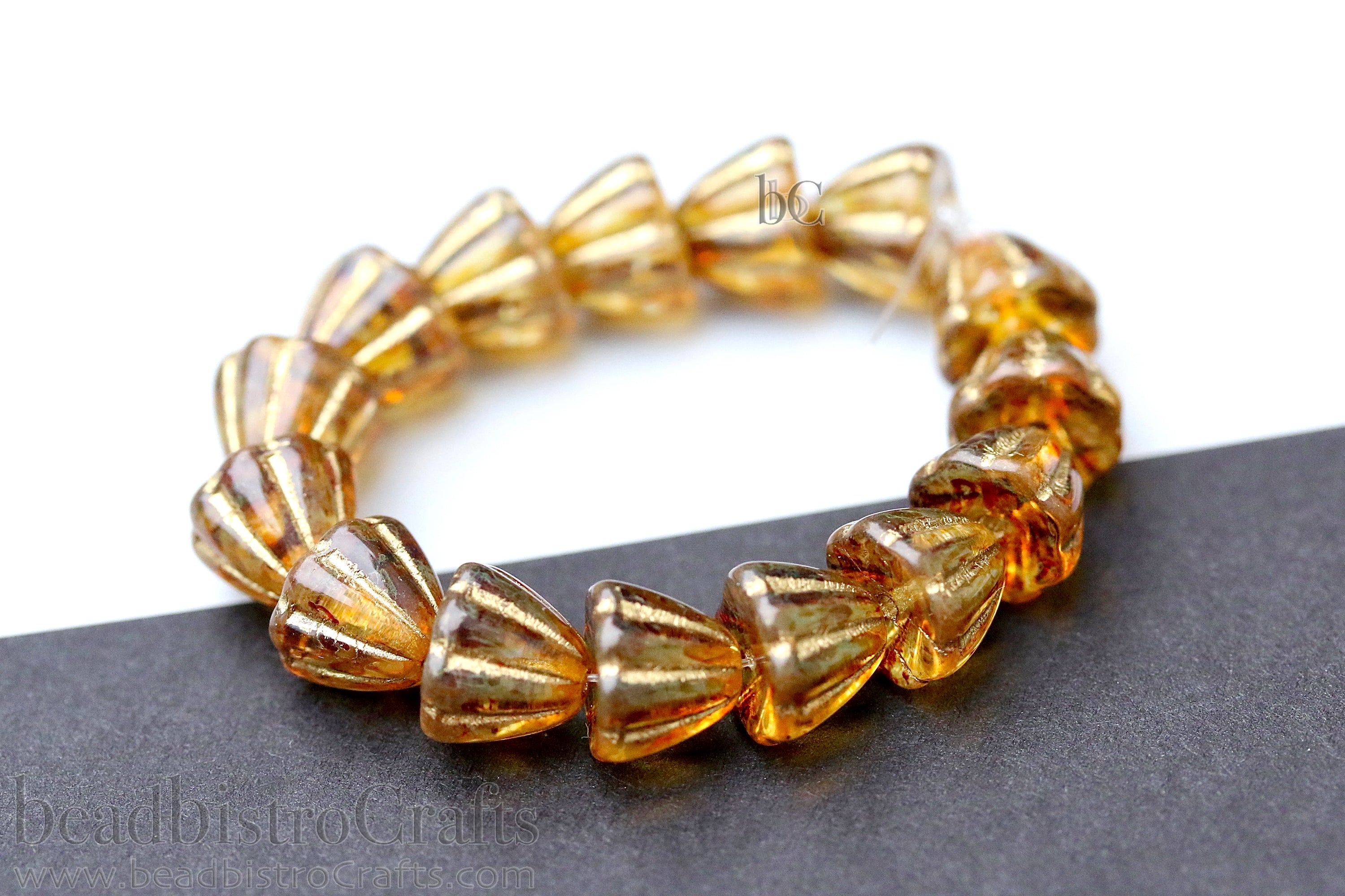 Czech Glass Beads Flower Cupola Beads 7x9mm Crystal Travertine Metallic Gold Wash (15pcs)