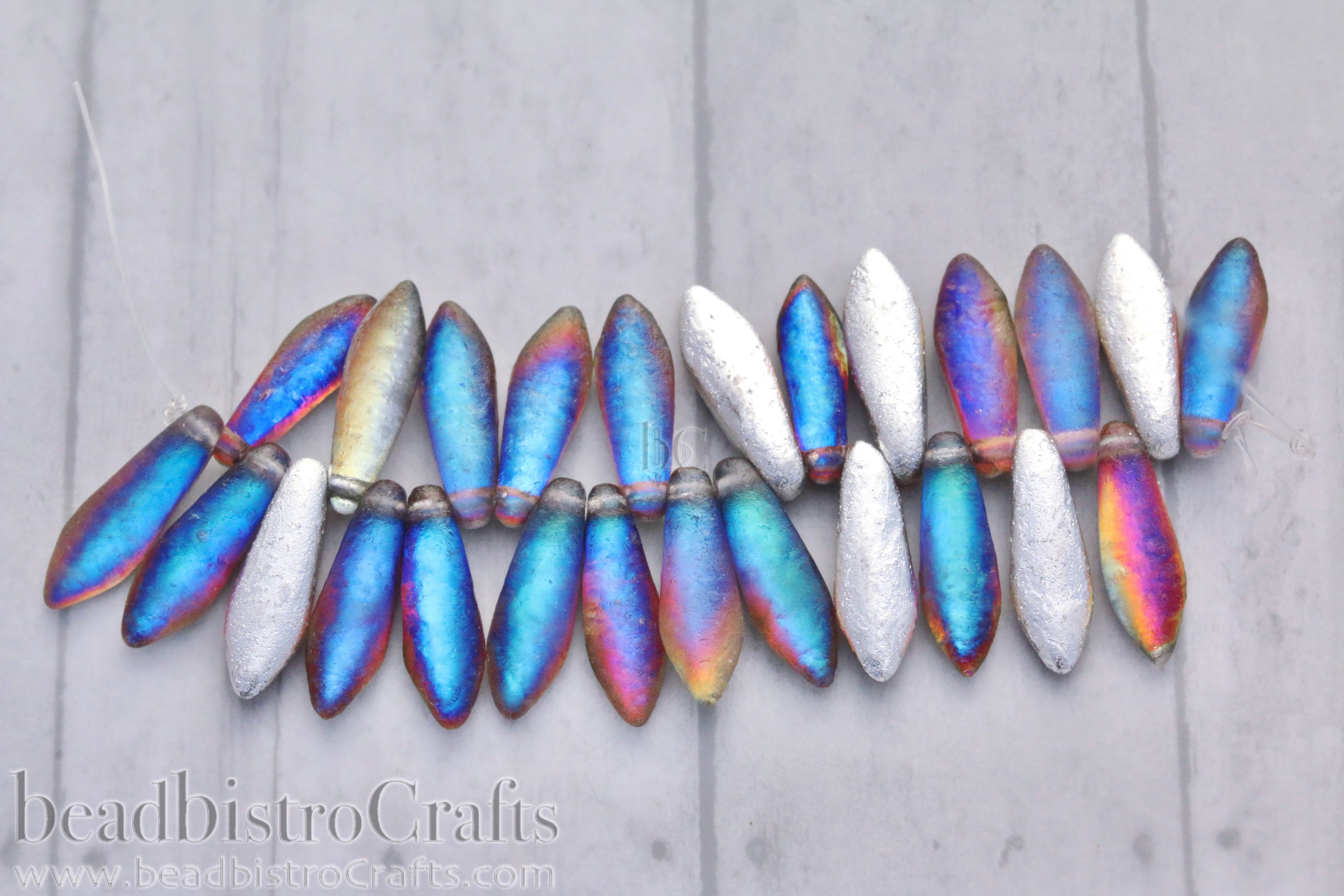 Czech Glass Dagger 16x5mm Beads Acid Etched Backlit Petrol