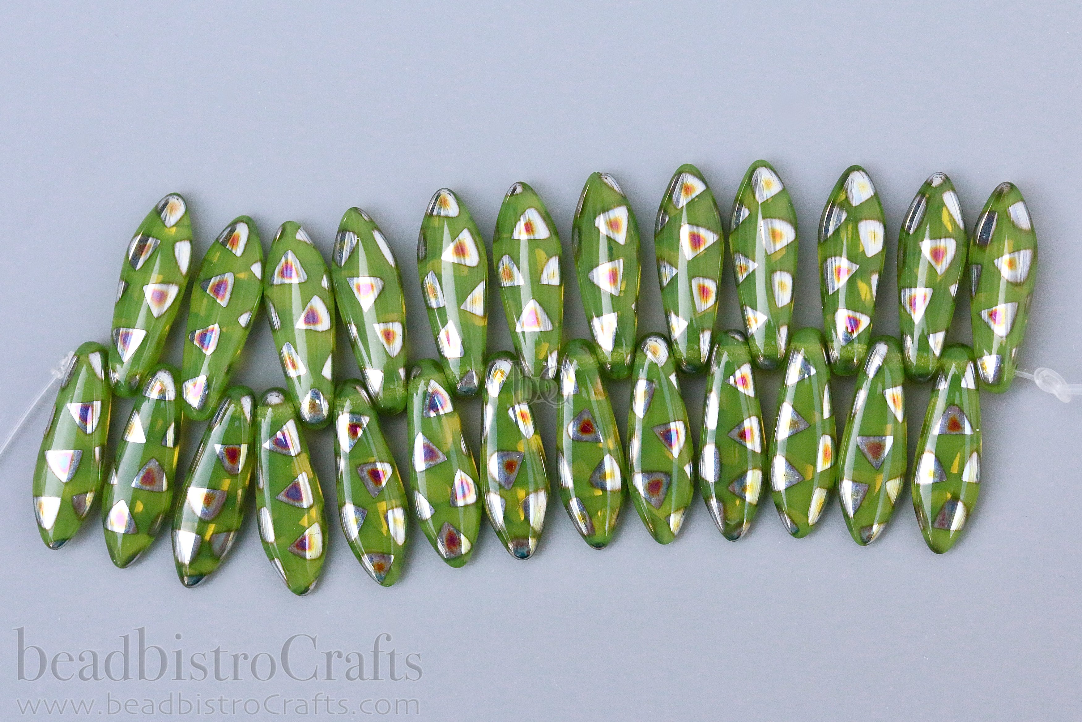 Czech Glass Dagger 16x5mm Beads Peacock Pattern Lime Green Opal Triangles Design