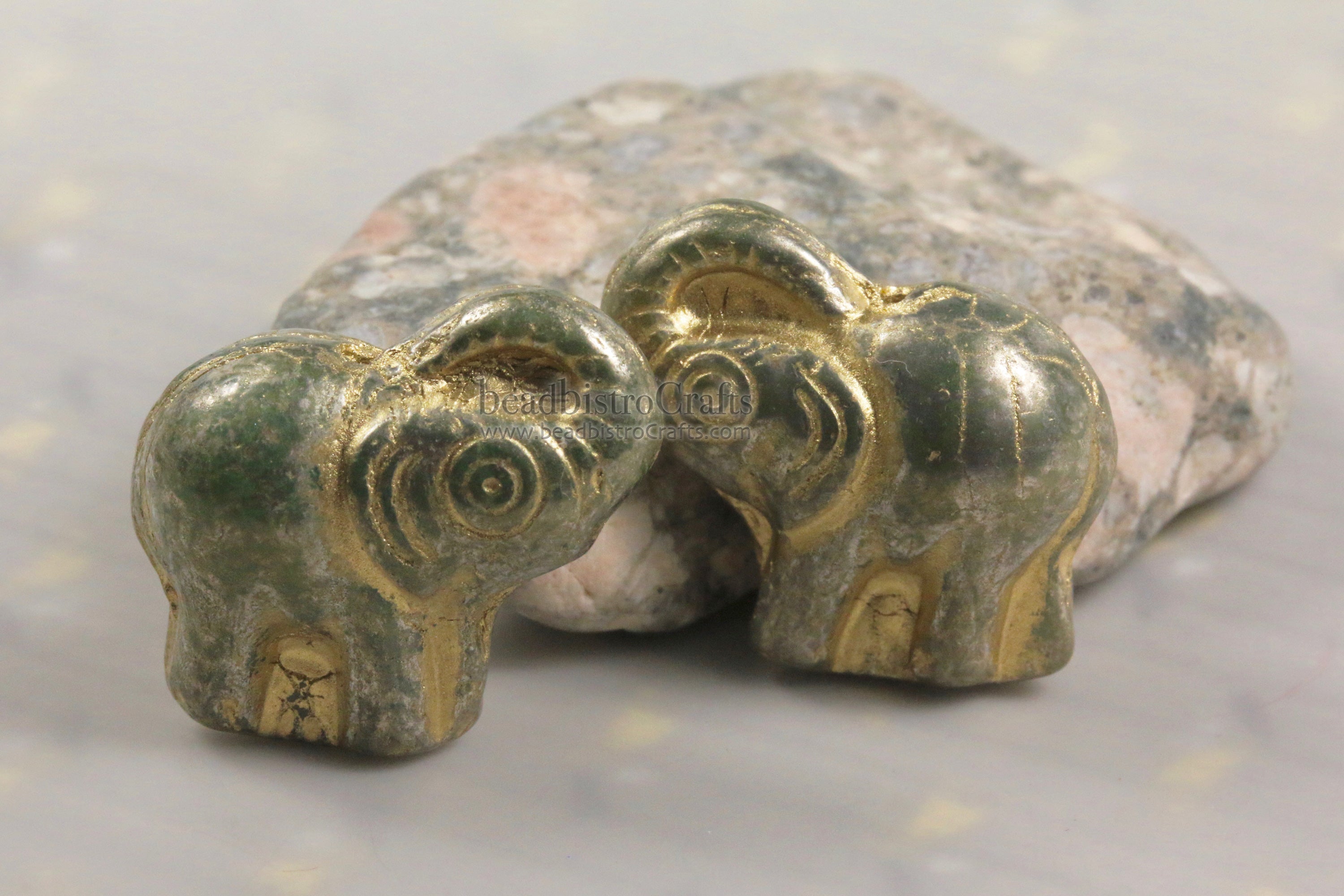 Czech Glass Elephant 20mm Beads Silver Sheen Celadon Gold Wash Happy Elephant Beads