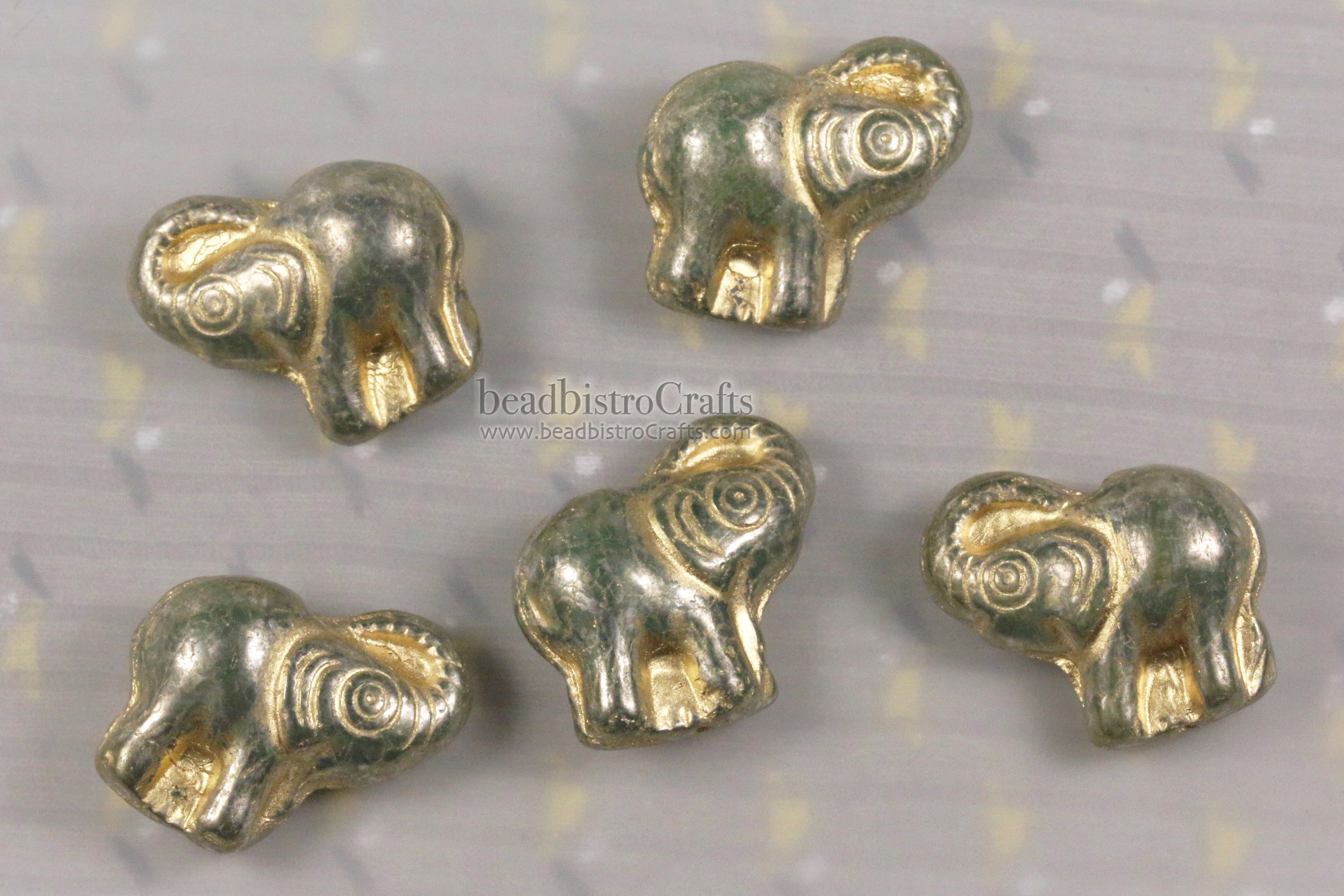 Czech Glass Elephant 20mm Beads Silver Sheen Celadon Gold Wash Happy Elephant Beads