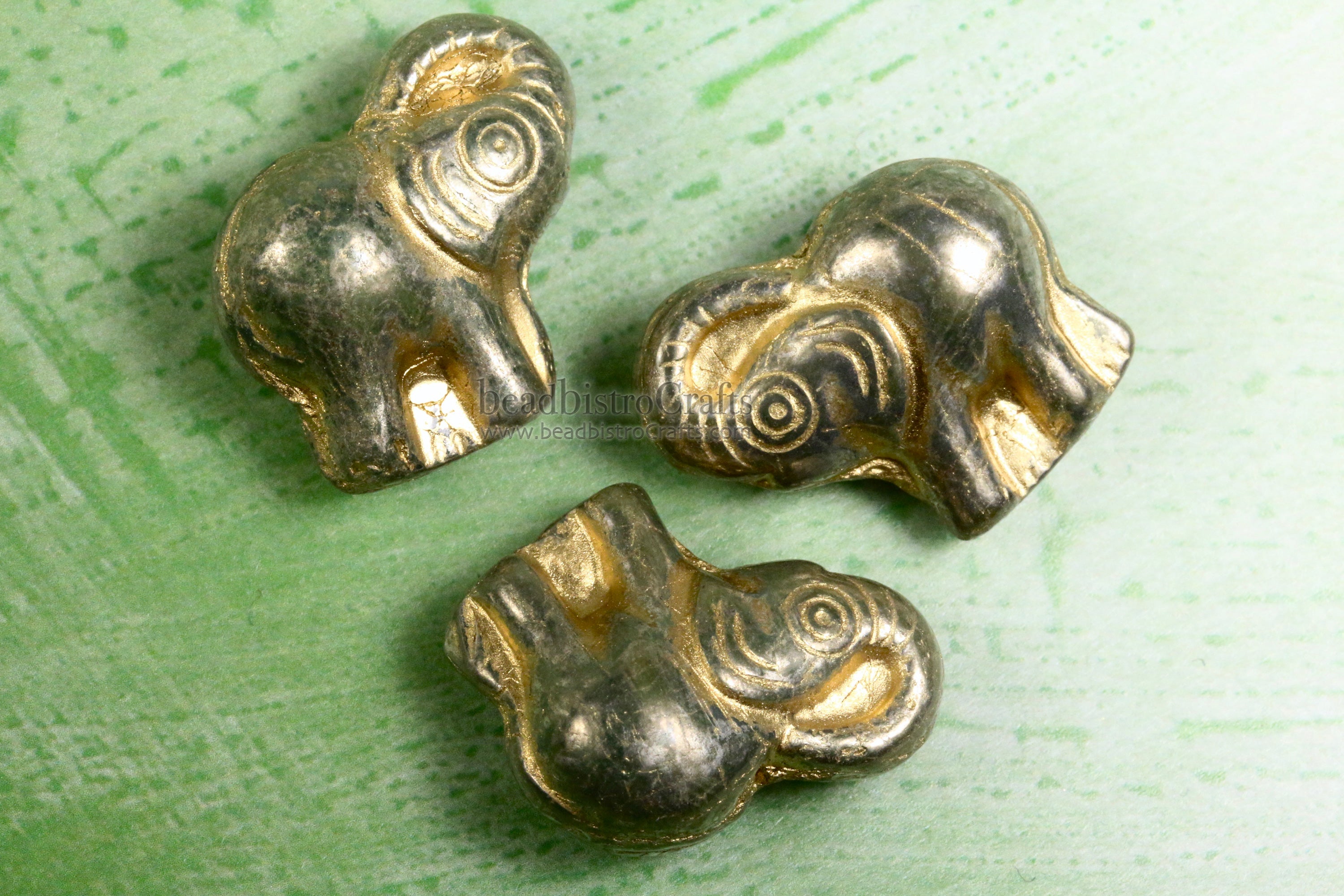 Czech Glass Elephant 20mm Beads Silver Sheen Celadon Gold Wash Happy Elephant Beads