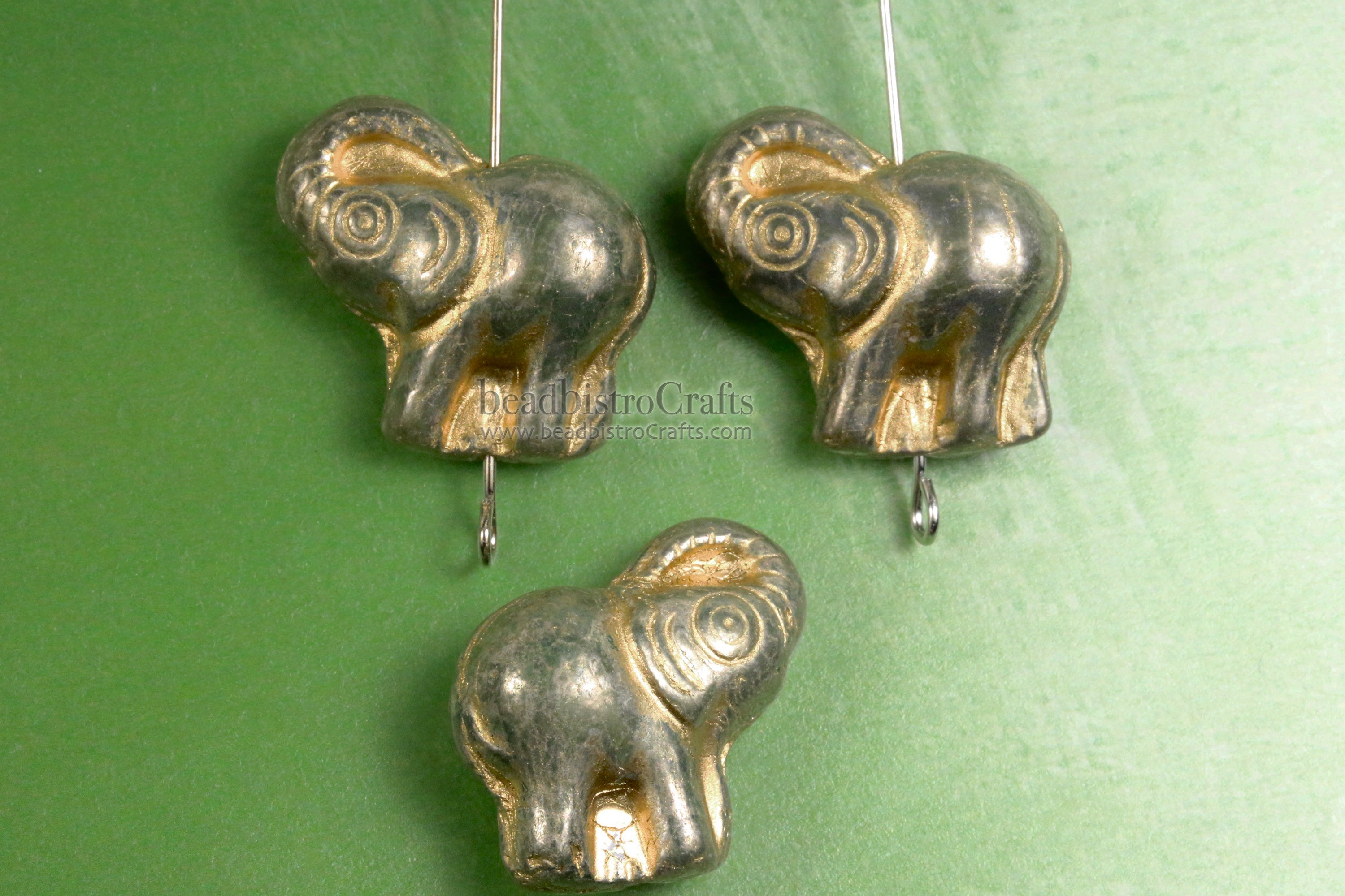 Czech Glass Elephant 20mm Beads Silver Sheen Celadon Gold Wash Happy Elephant Beads