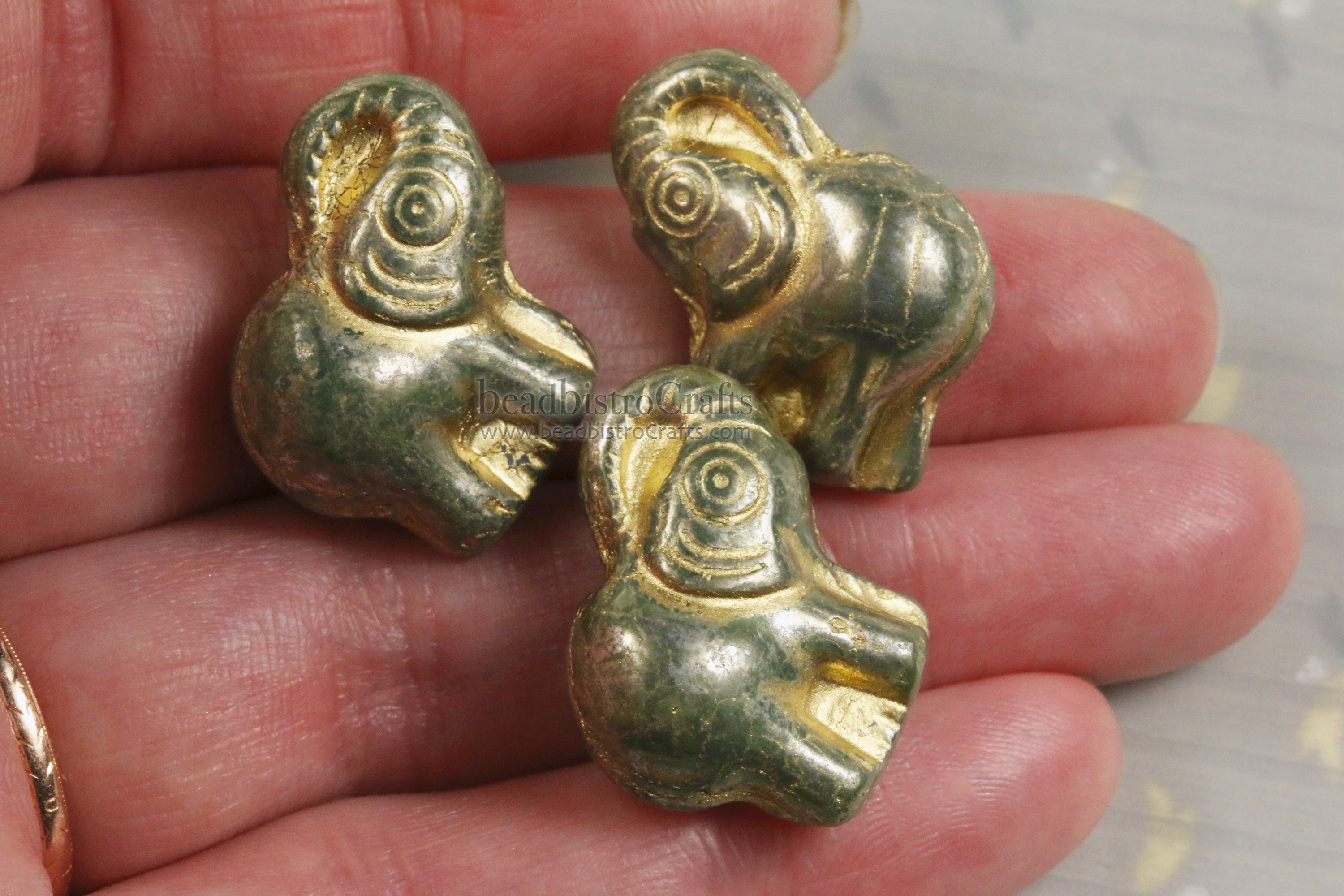 Czech Glass Elephant 20mm Beads Silver Sheen Celadon Gold Wash Happy Elephant Beads