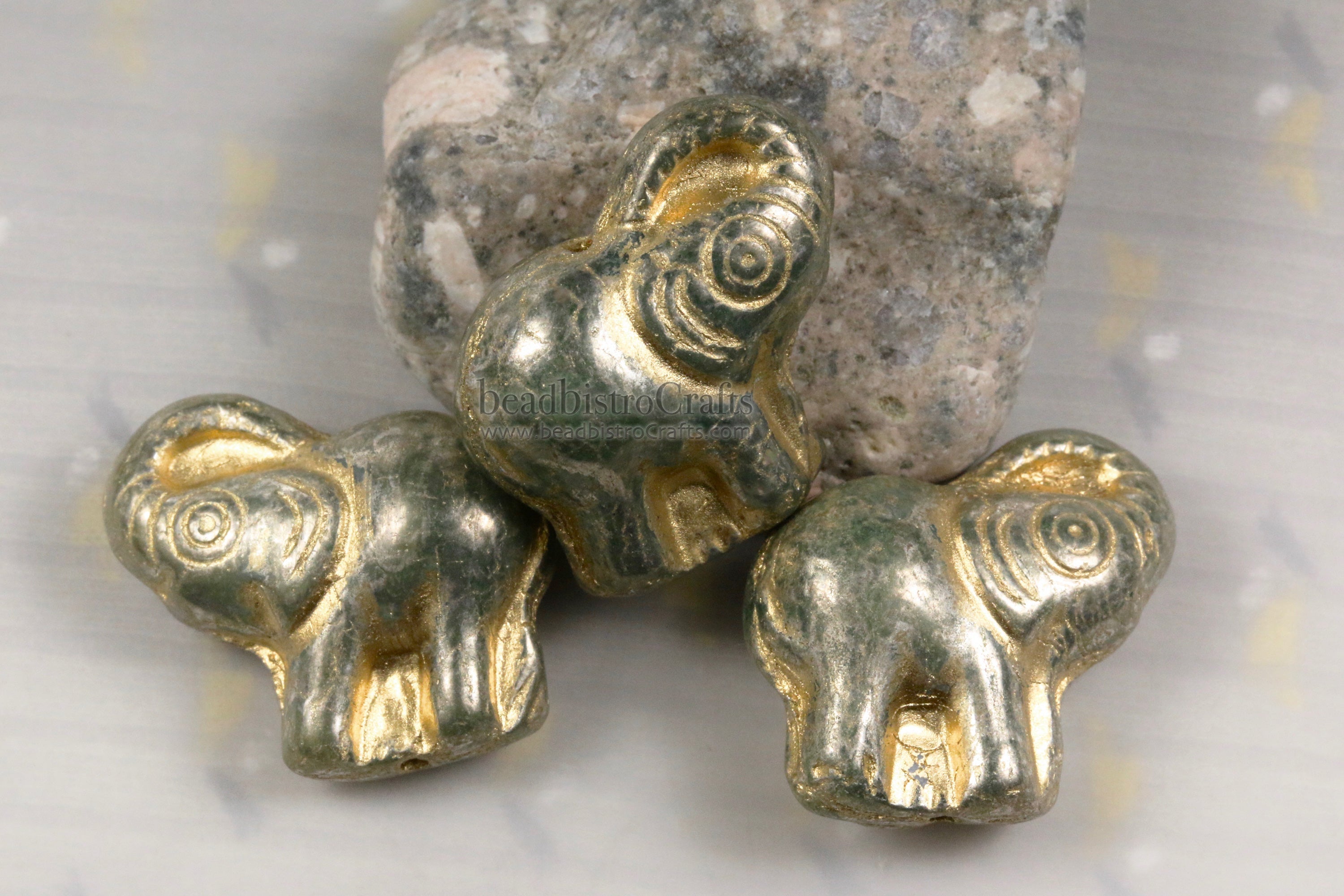 Czech Glass Elephant 20mm Beads Silver Sheen Celadon Gold Wash Happy Elephant Beads