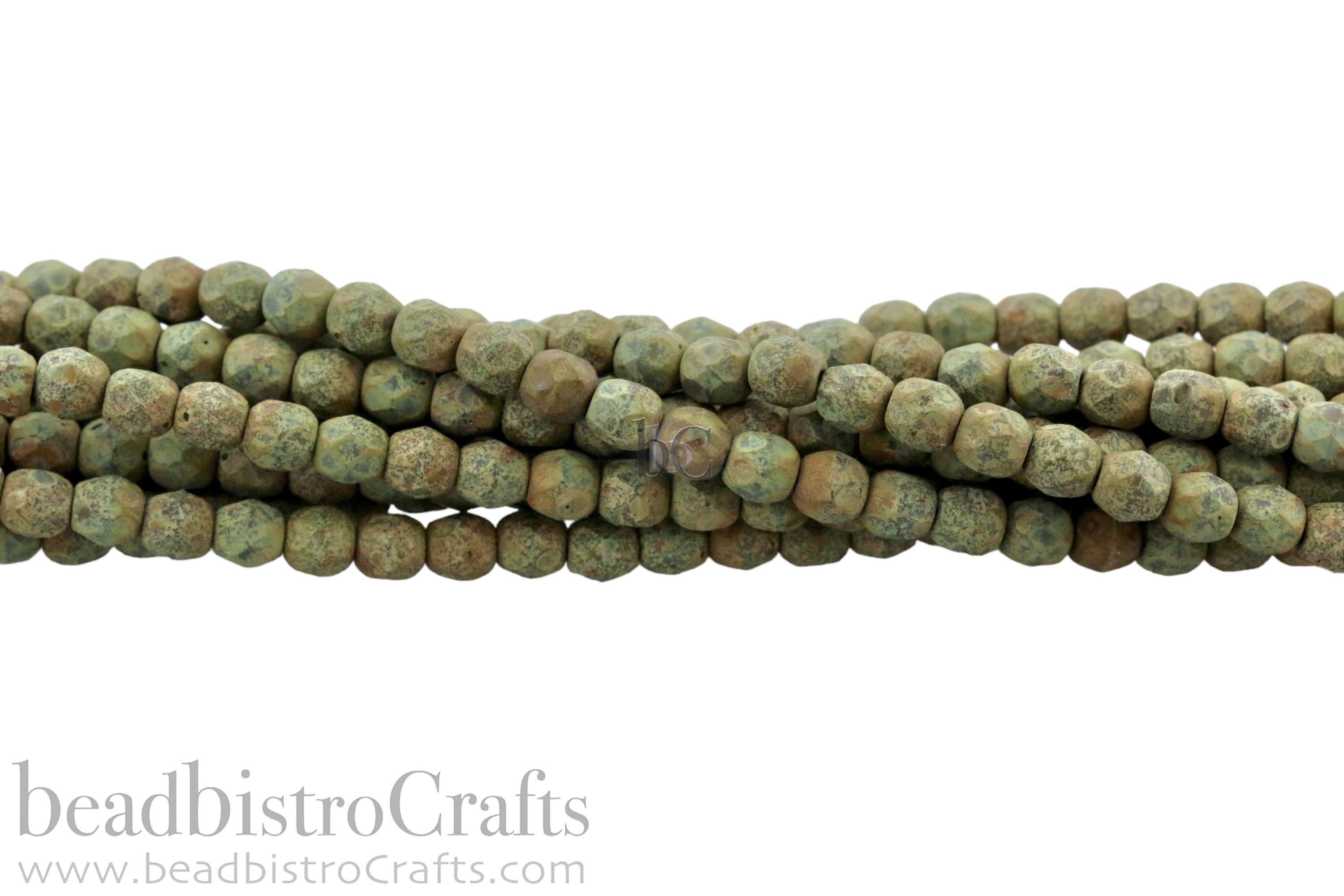 4mm Fire Polish Bead Matte Olive Rustic Travertine Round Facetted Czech Glass Beads