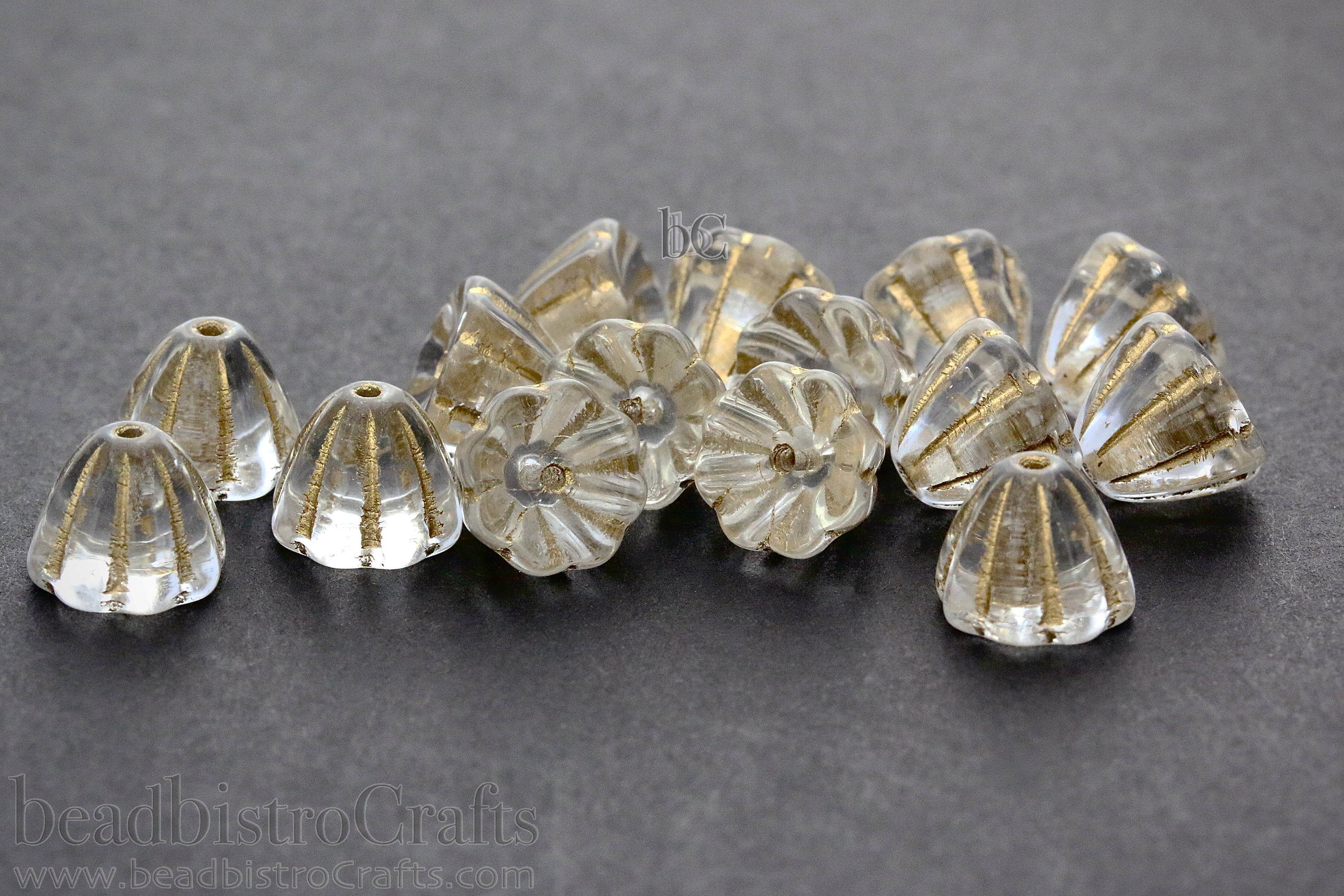 Czech Glass Beads Flower Cupola Beads 7x9mm Crystal Metallic Gold Wash (15pcs)