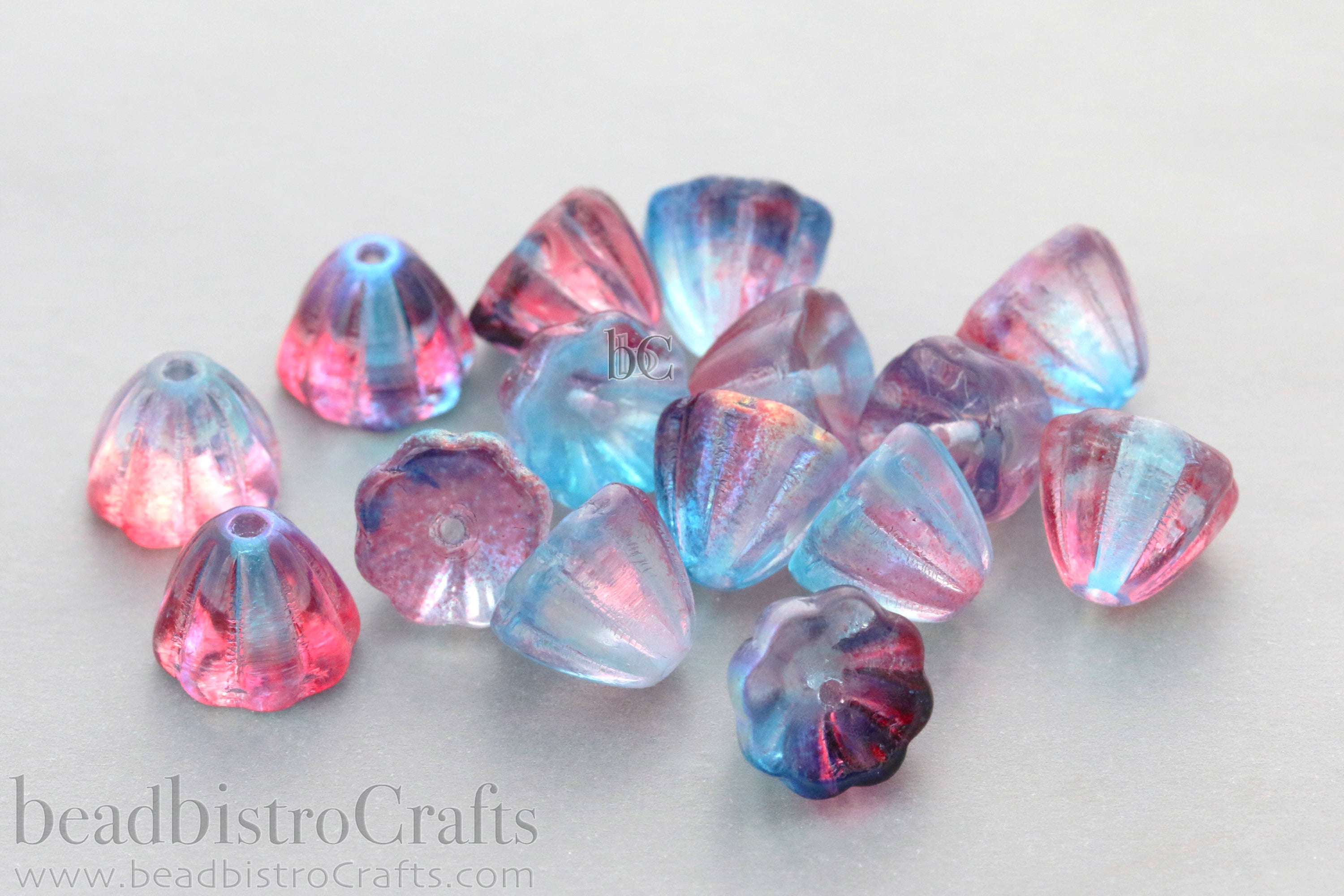 Czech Glass Beads Flower Cupola Beads 7x9mm Crystal Teal Pink Glossy Coat (15pcs)