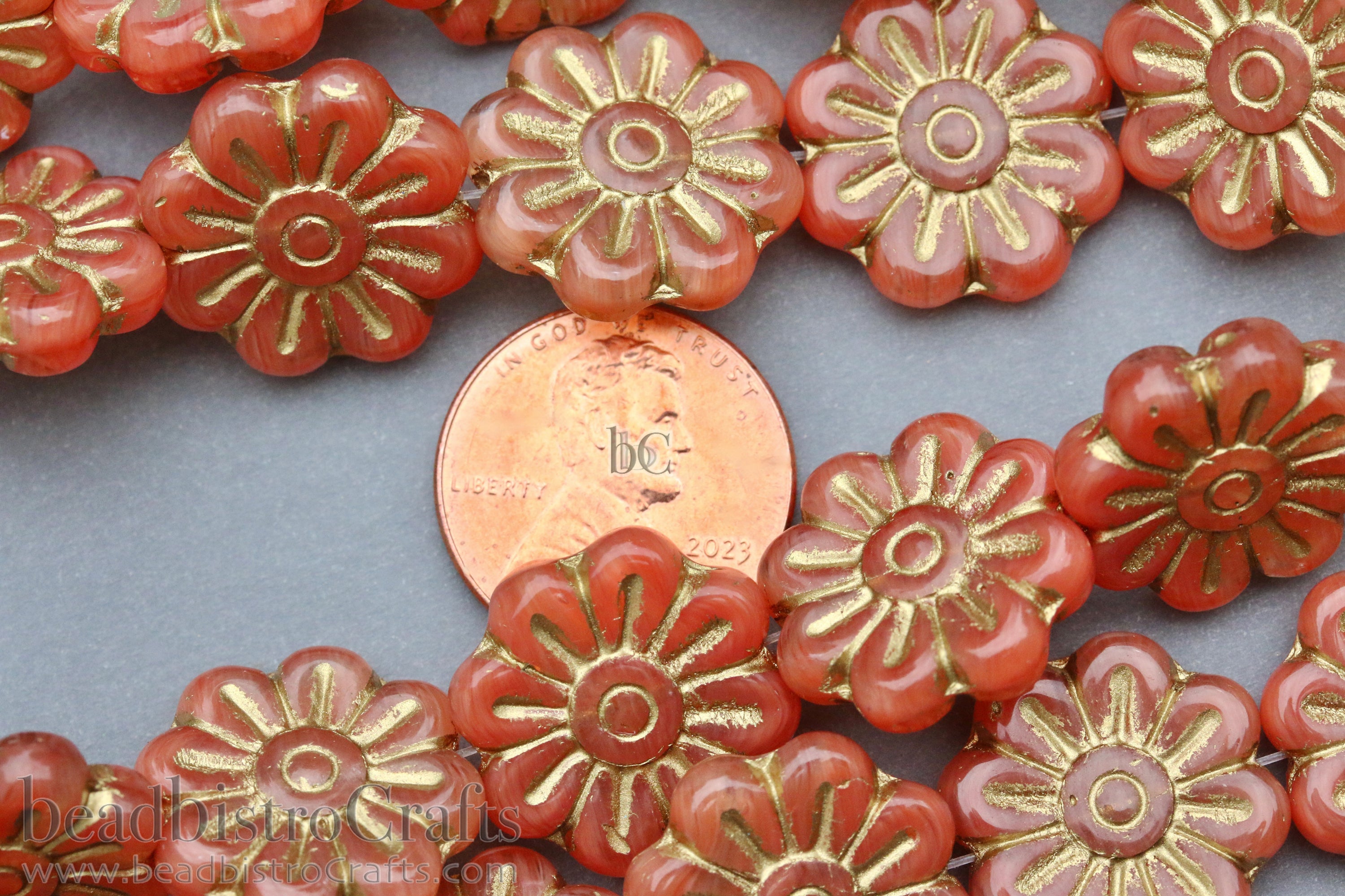 Czech Glass Daisy Flower Beads 18mm Milky Grapefruit Gold Wash (4pcs)