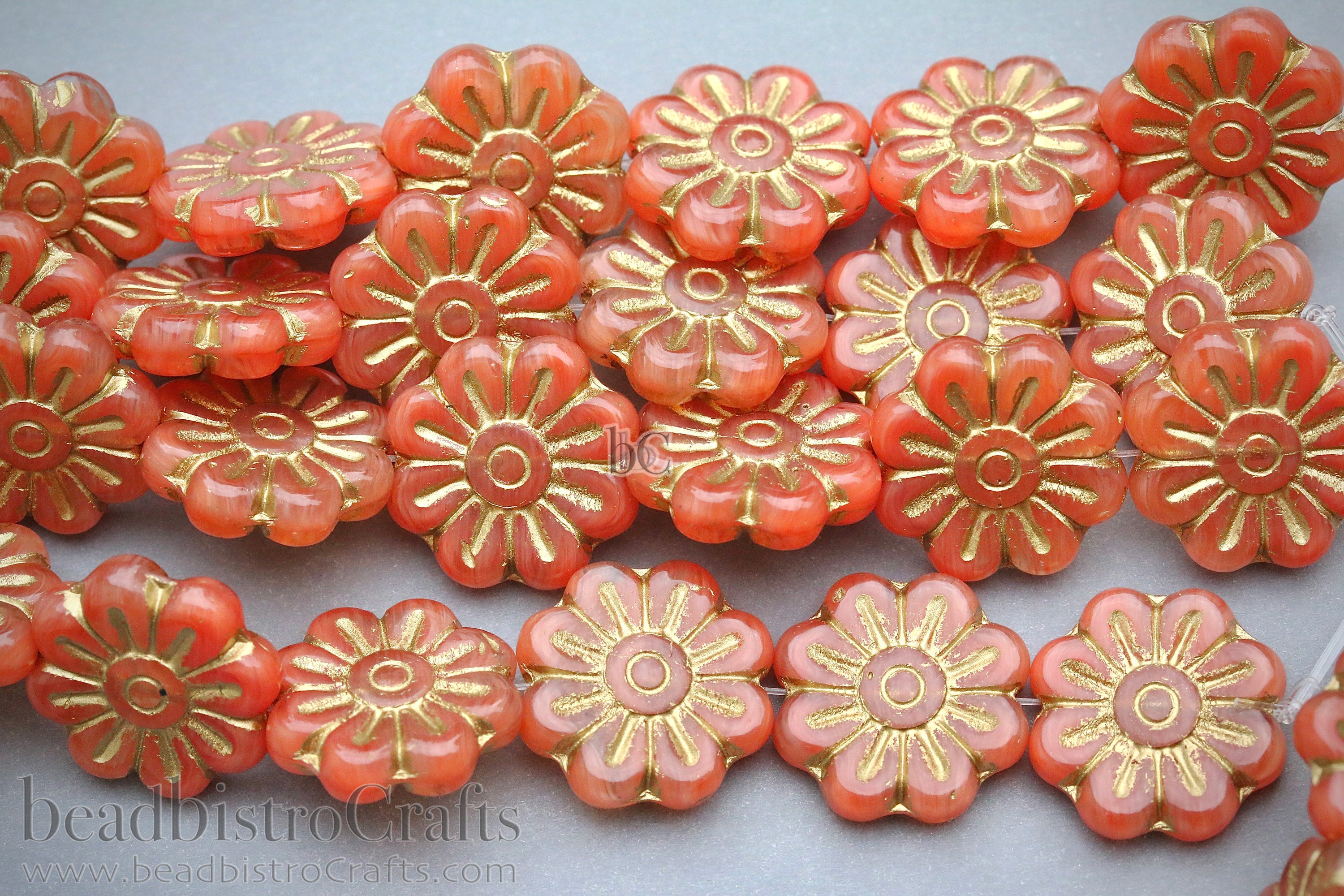 Czech Glass Daisy Flower Beads 18mm Milky Grapefruit Gold Wash (4pcs)