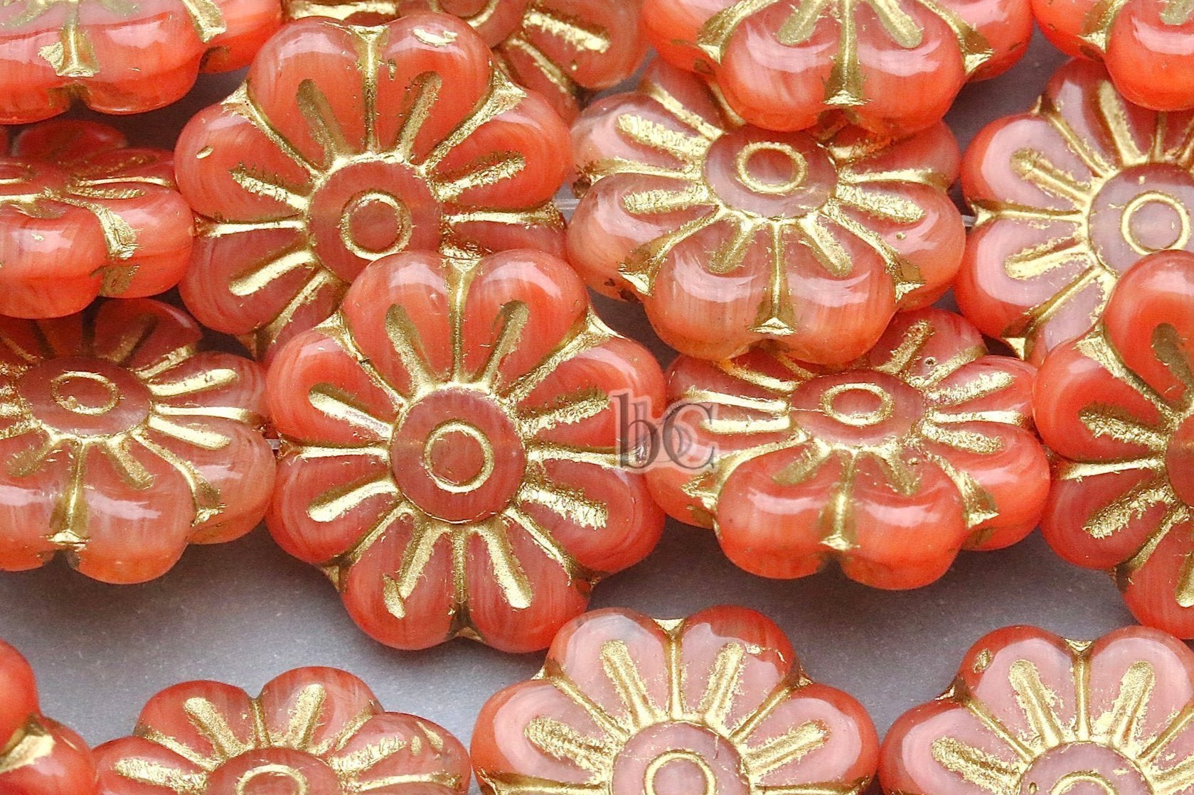 Czech Glass Daisy Flower Beads 18mm Milky Grapefruit Gold Wash (4pcs)