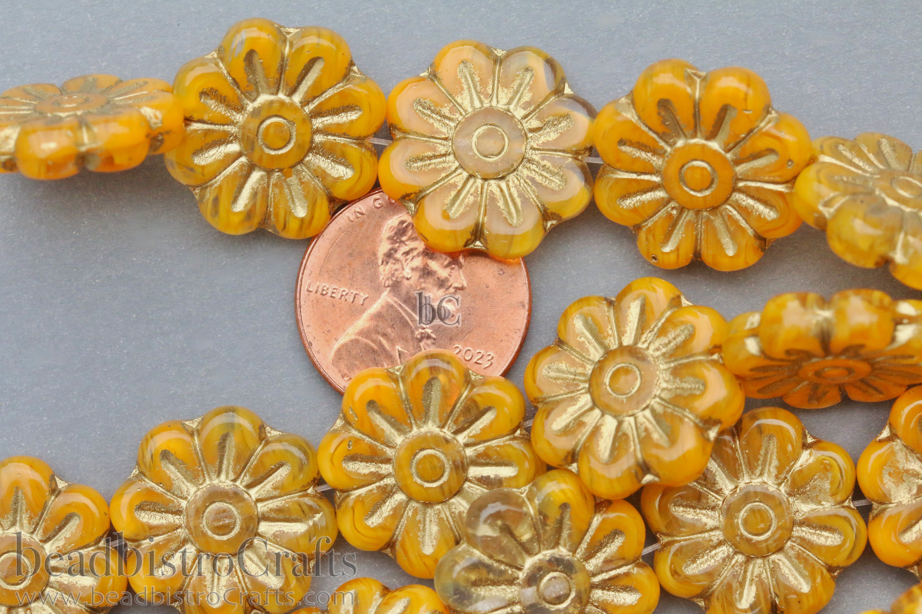 Czech Glass Daisy Flower Beads 18mm Crystal / Butterscotch Gold Wash (4pcs)