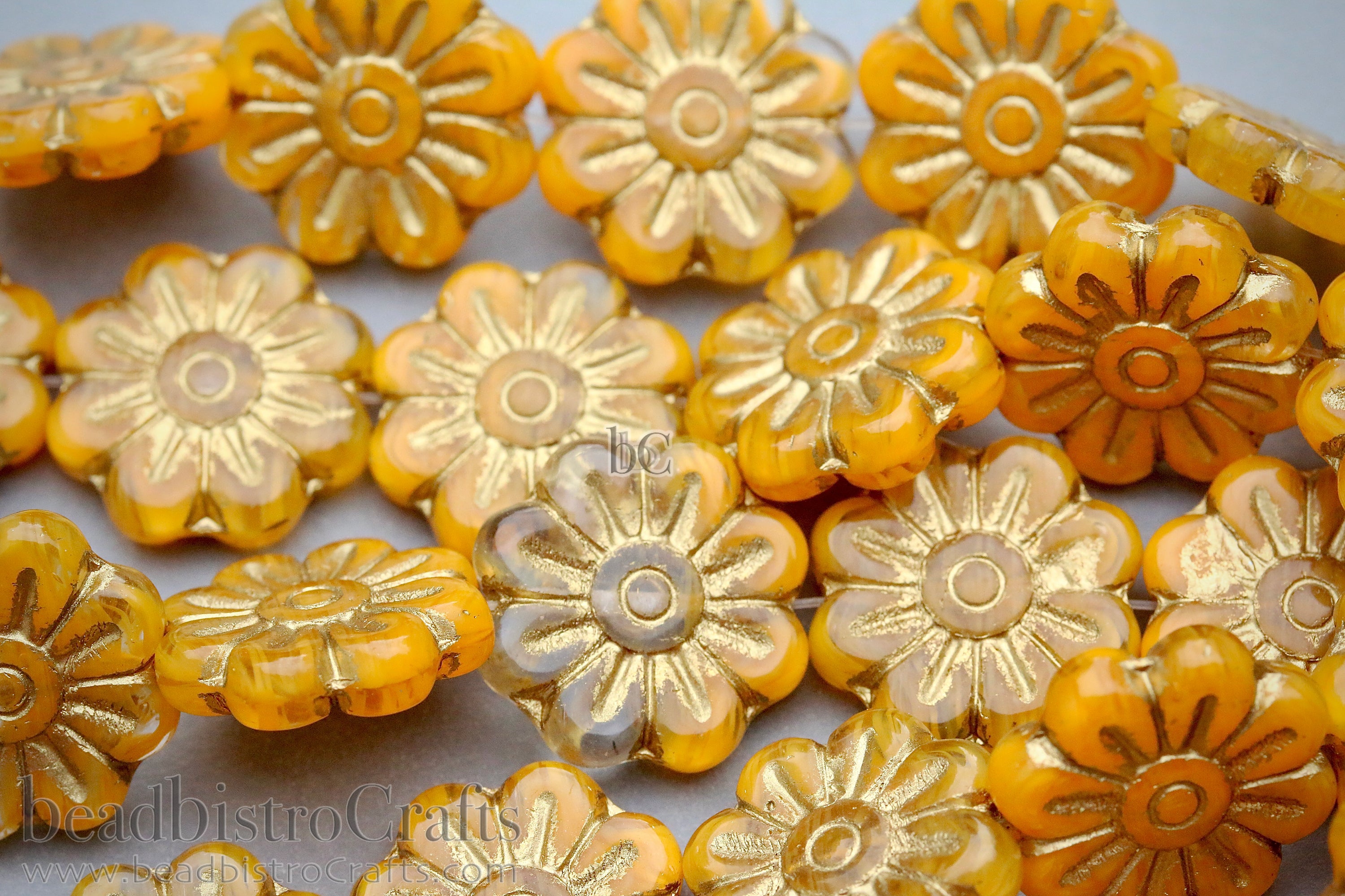 Czech Glass Daisy Flower Beads 18mm Crystal / Butterscotch Gold Wash (4pcs)