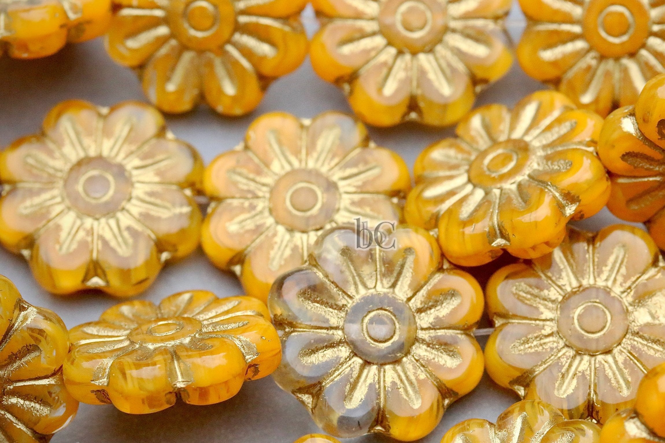 Czech Glass Daisy Flower Beads 18mm Crystal / Butterscotch Gold Wash (4pcs)