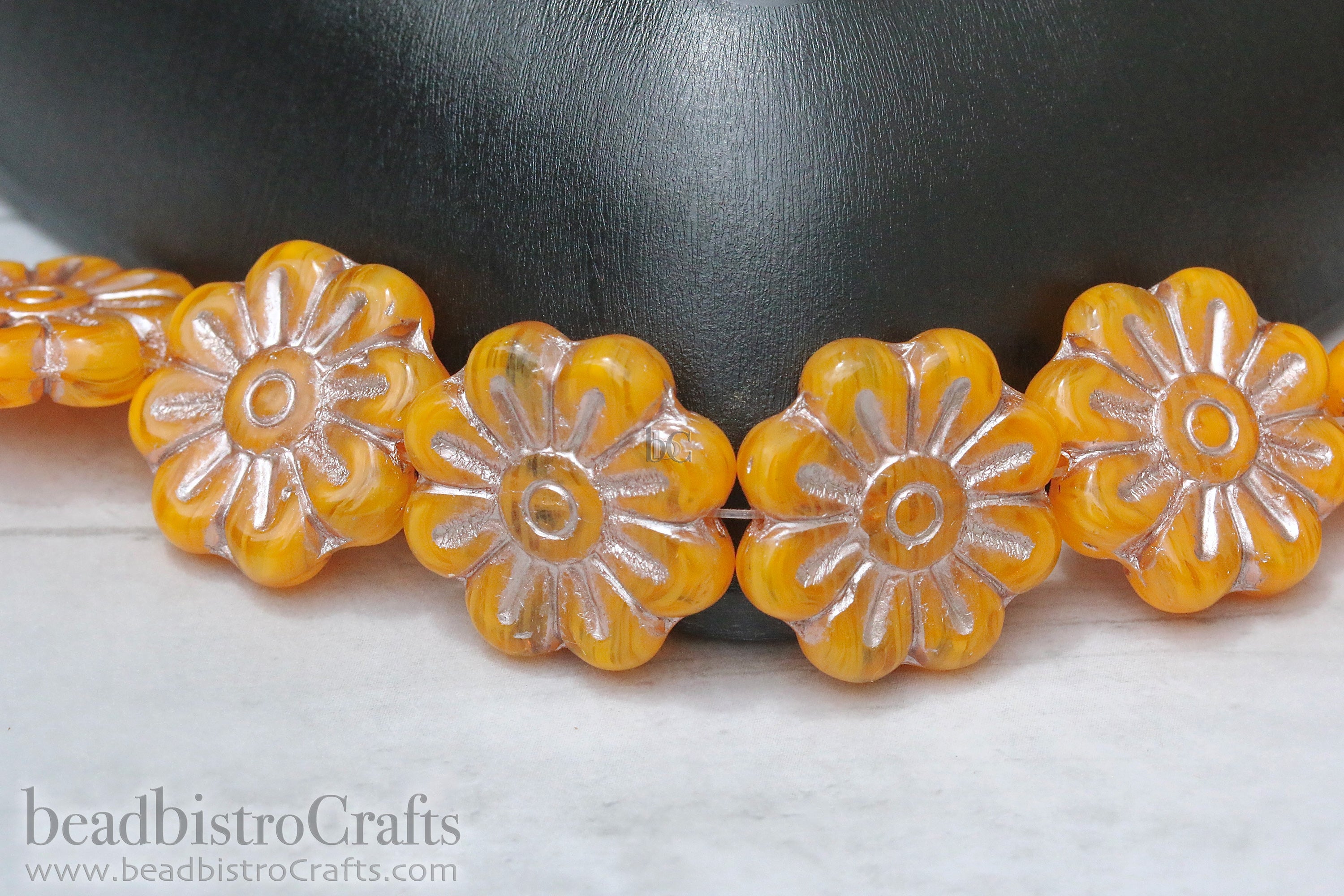 Czech Glass Daisy Flower Beads 18mm Crystal / Butterscotch Rose Gold Wash (4pcs)