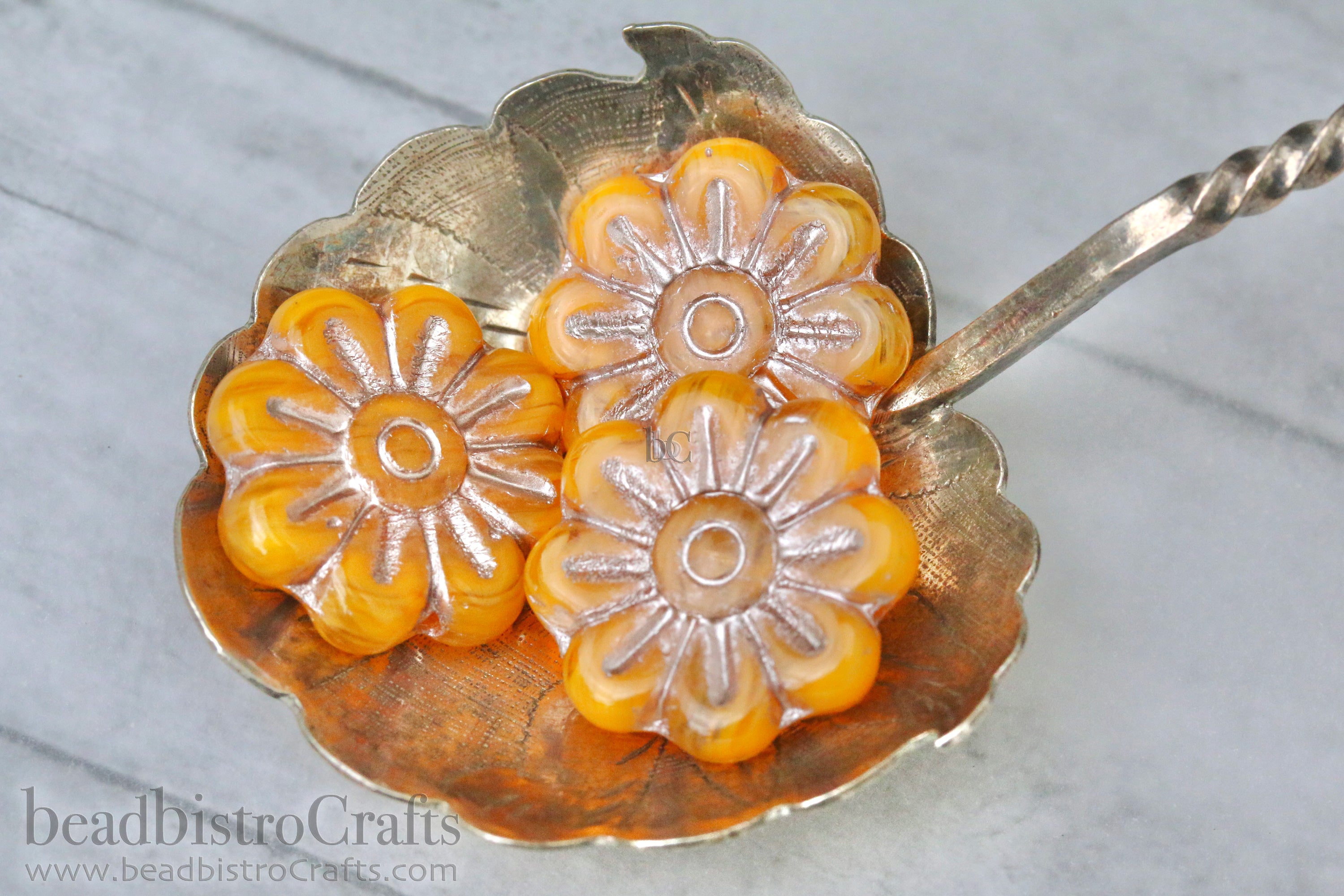 Czech Glass Daisy Flower Beads 18mm Crystal / Butterscotch Rose Gold Wash (4pcs)