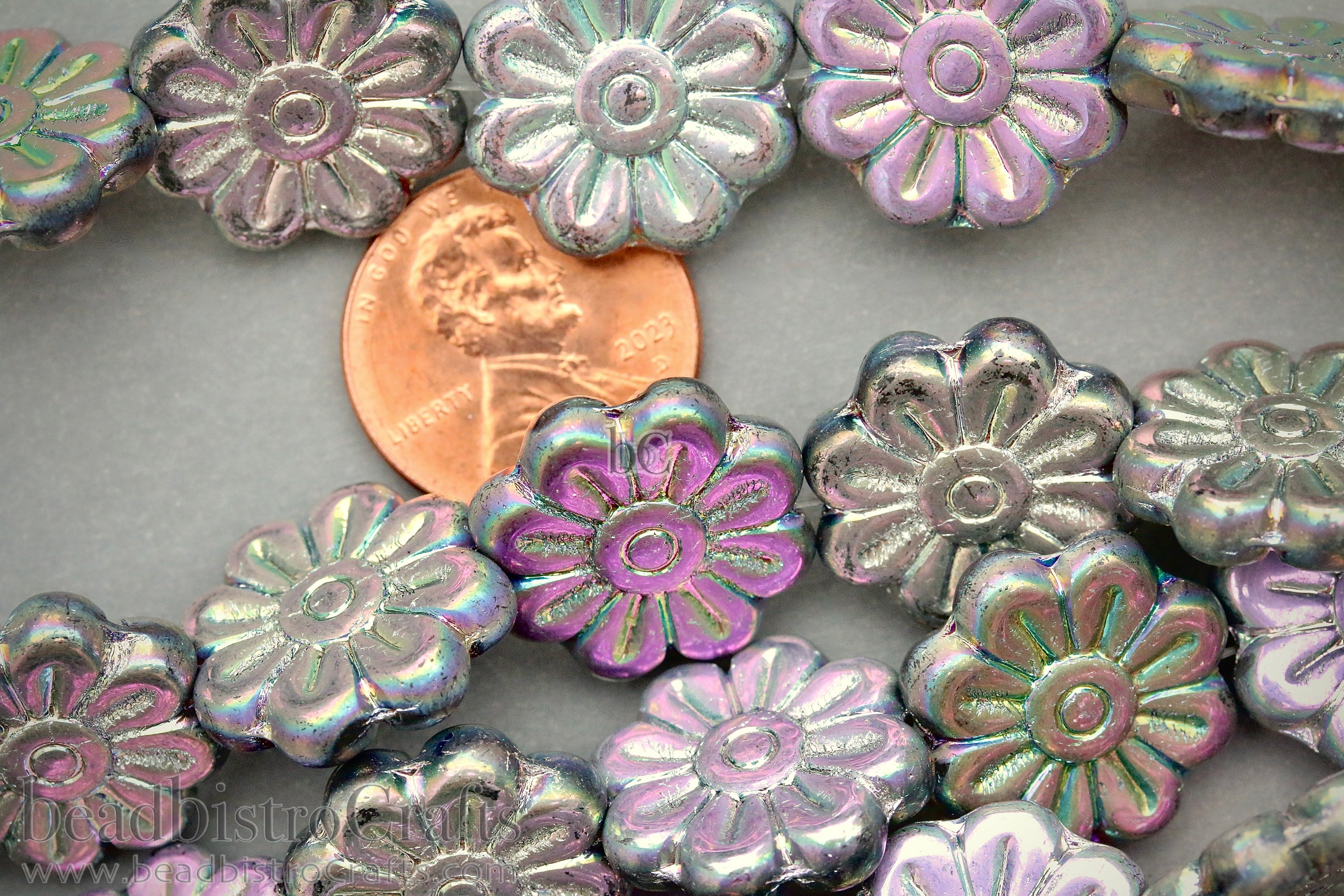 Czech Glass Daisy Flower Beads 18mm Crystal Glittery Labrador (4pcs)