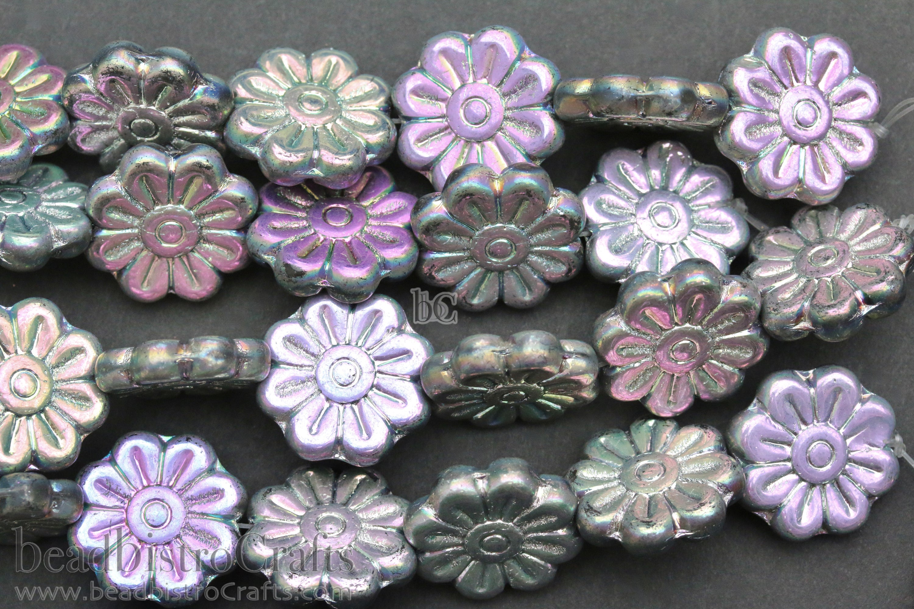 Czech Glass Daisy Flower Beads 18mm Crystal Glittery Labrador (4pcs)