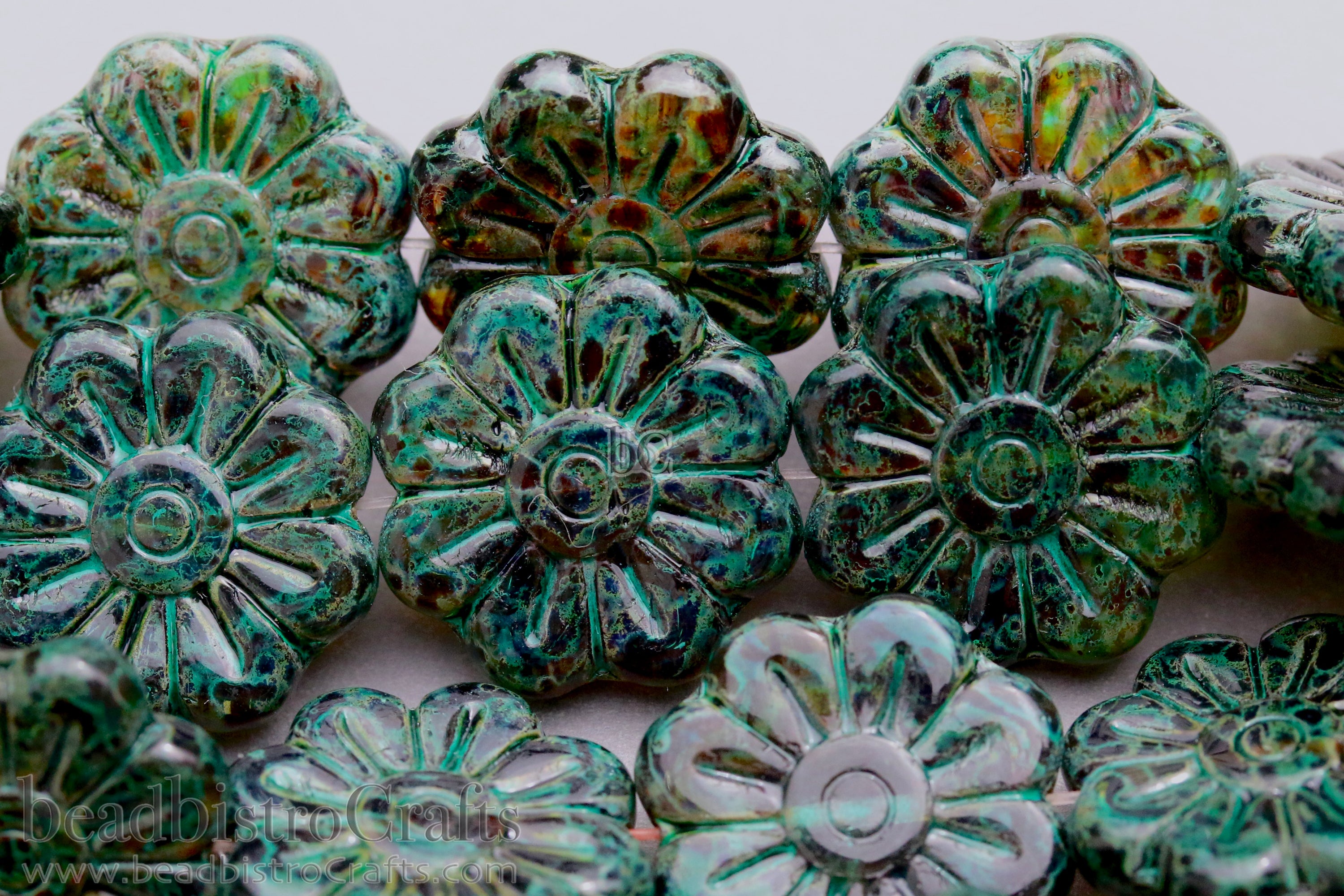 Czech Glass Daisy Flower Beads 18mm Crystal / Jet Travertine Emerald Coat (4pcs)