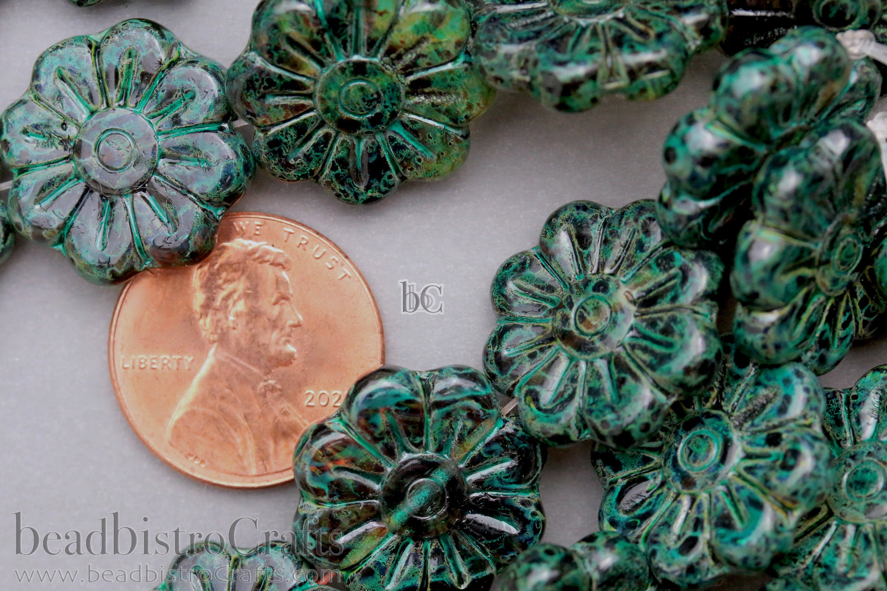 Czech Glass Daisy Flower Beads 18mm Crystal / Jet Travertine Emerald Coat (4pcs)