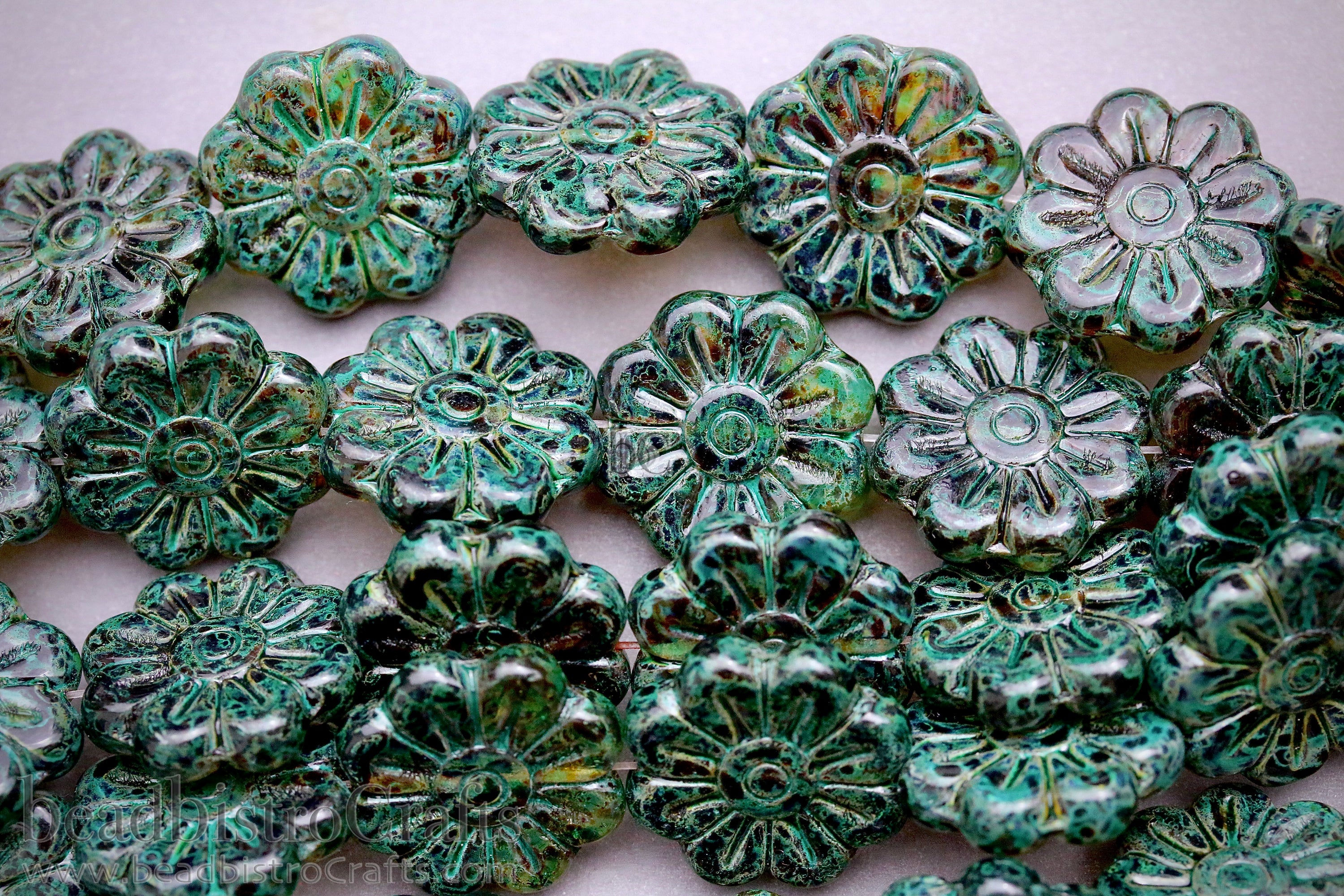 Czech Glass Daisy Flower Beads 18mm Crystal / Jet Travertine Emerald Coat (4pcs)