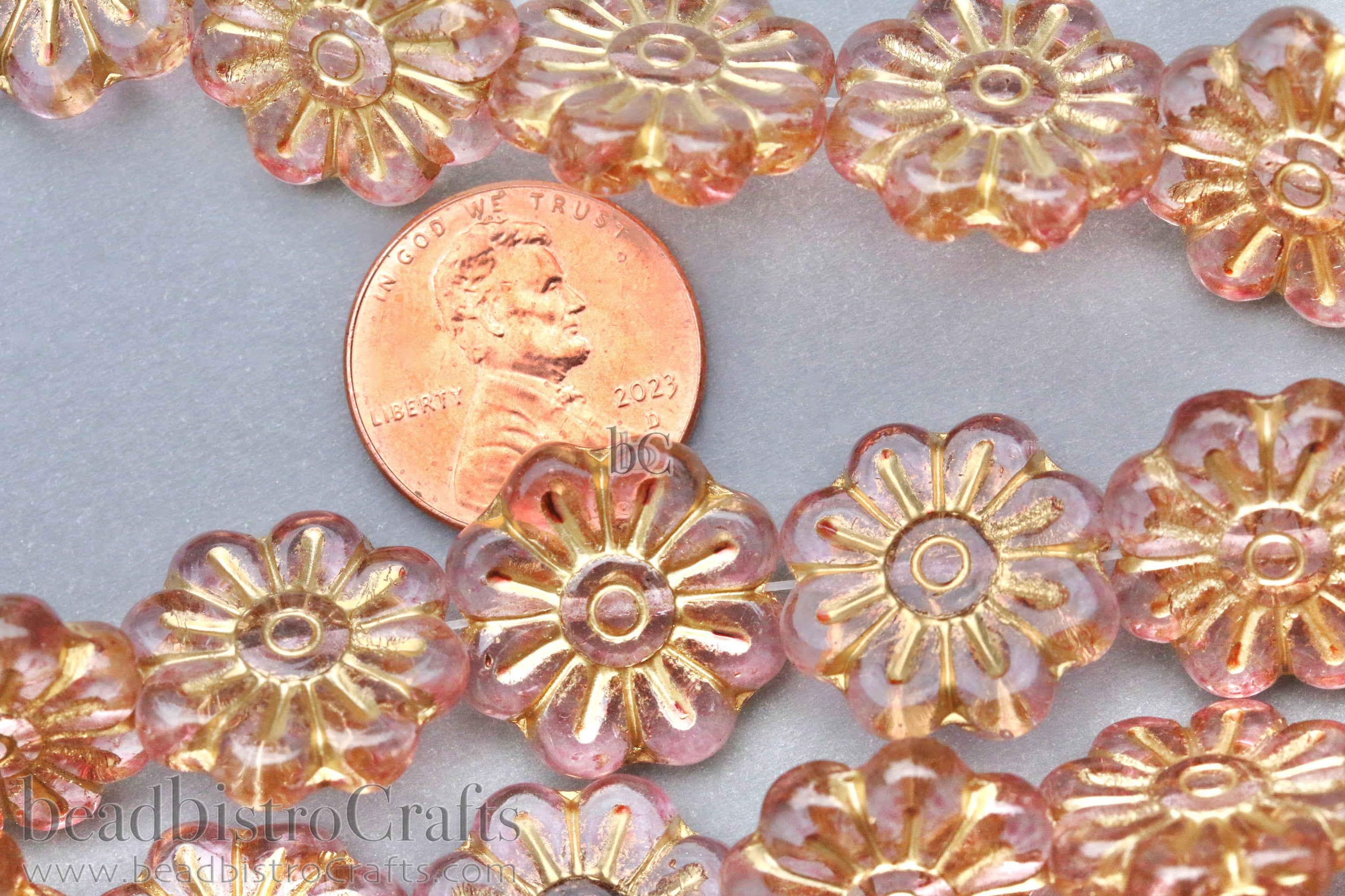 Czech Glass Daisy Flower Beads 18mm Crystal Pale Blush Coat Gold Wash (4pcs)