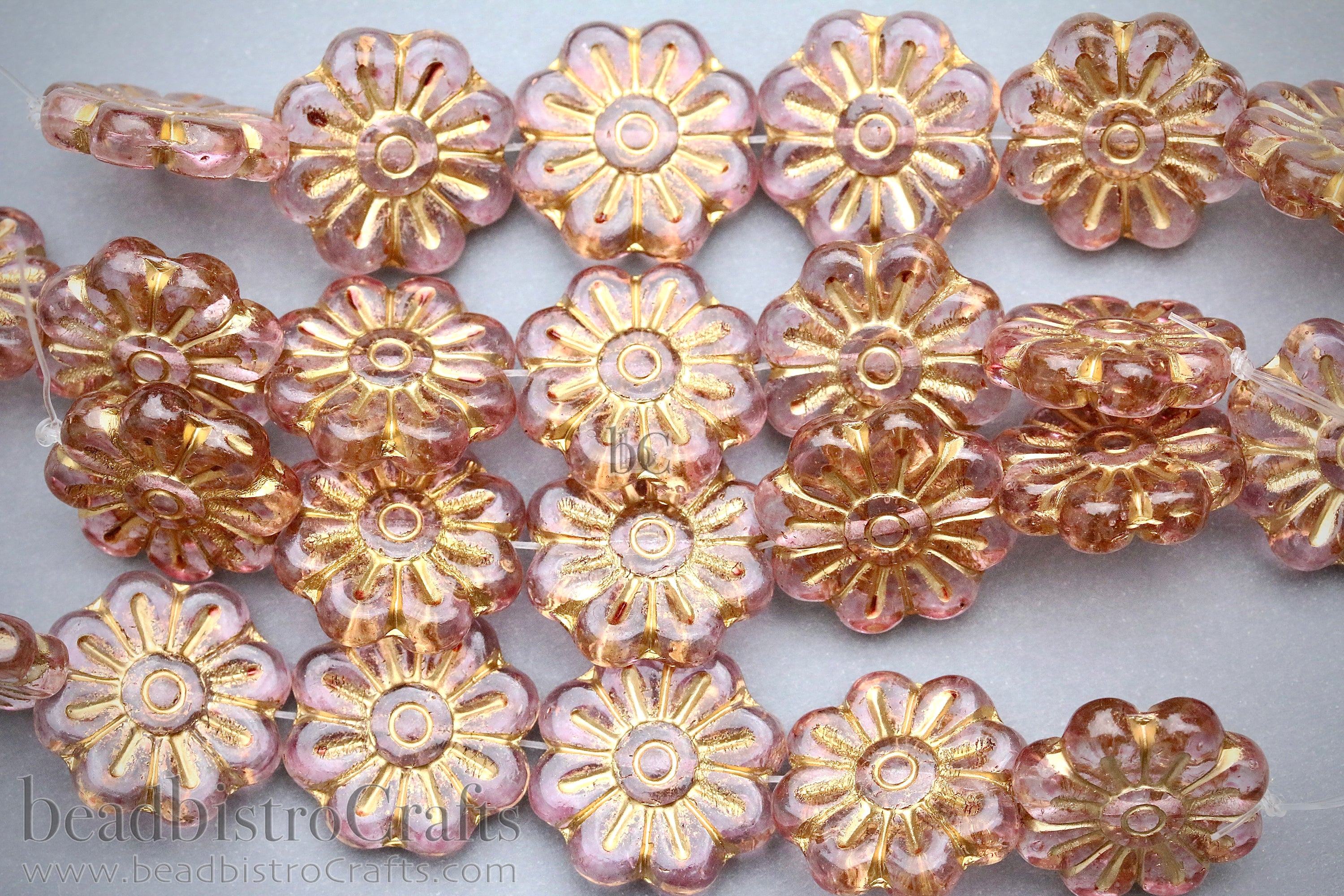 Czech Glass Daisy Flower Beads 18mm Crystal Pale Blush Coat Gold Wash (4pcs)