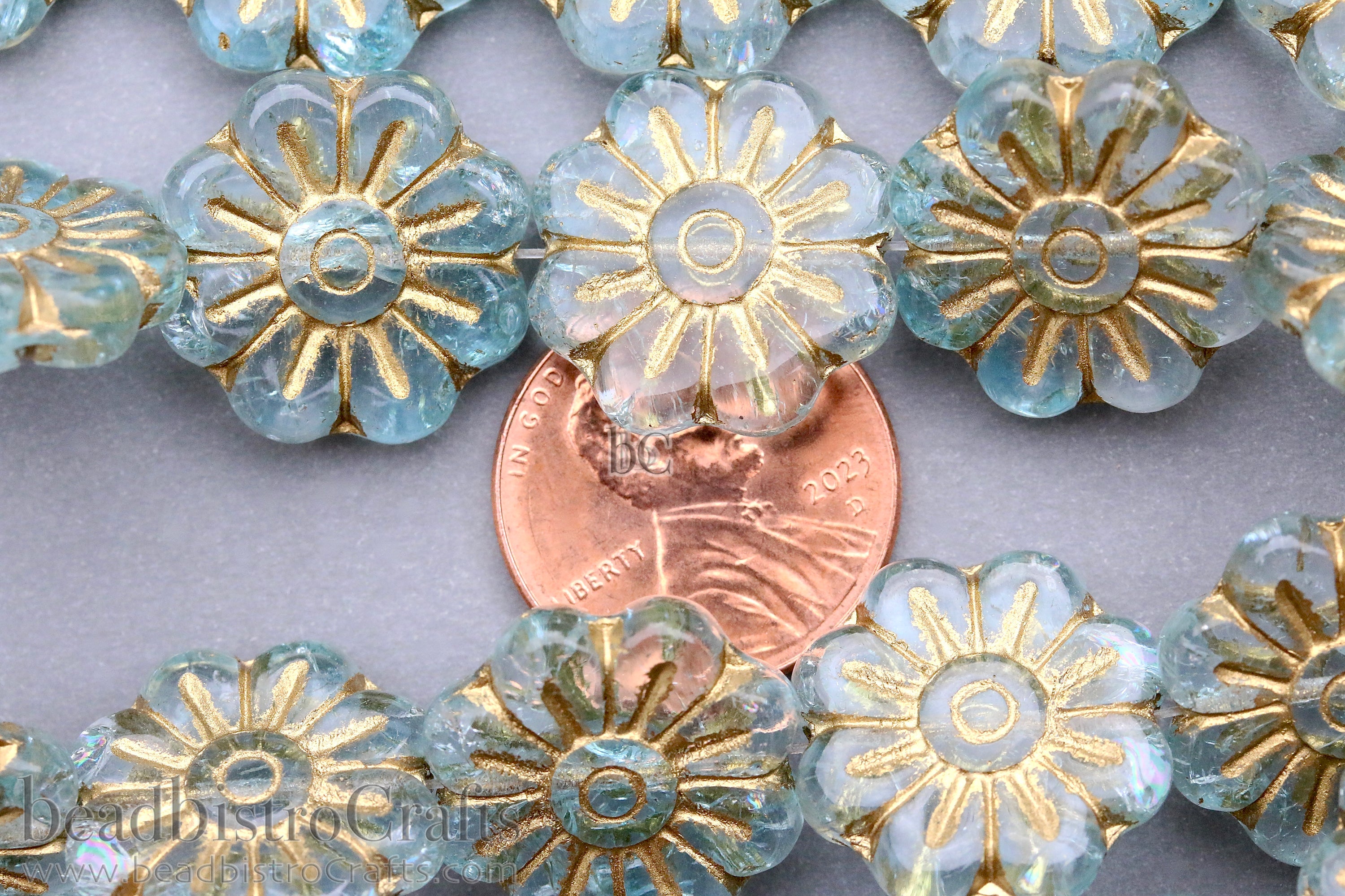 Czech Glass Daisy Flower Beads 18mm Crystal Pale Ice Gold Wash (4pcs)