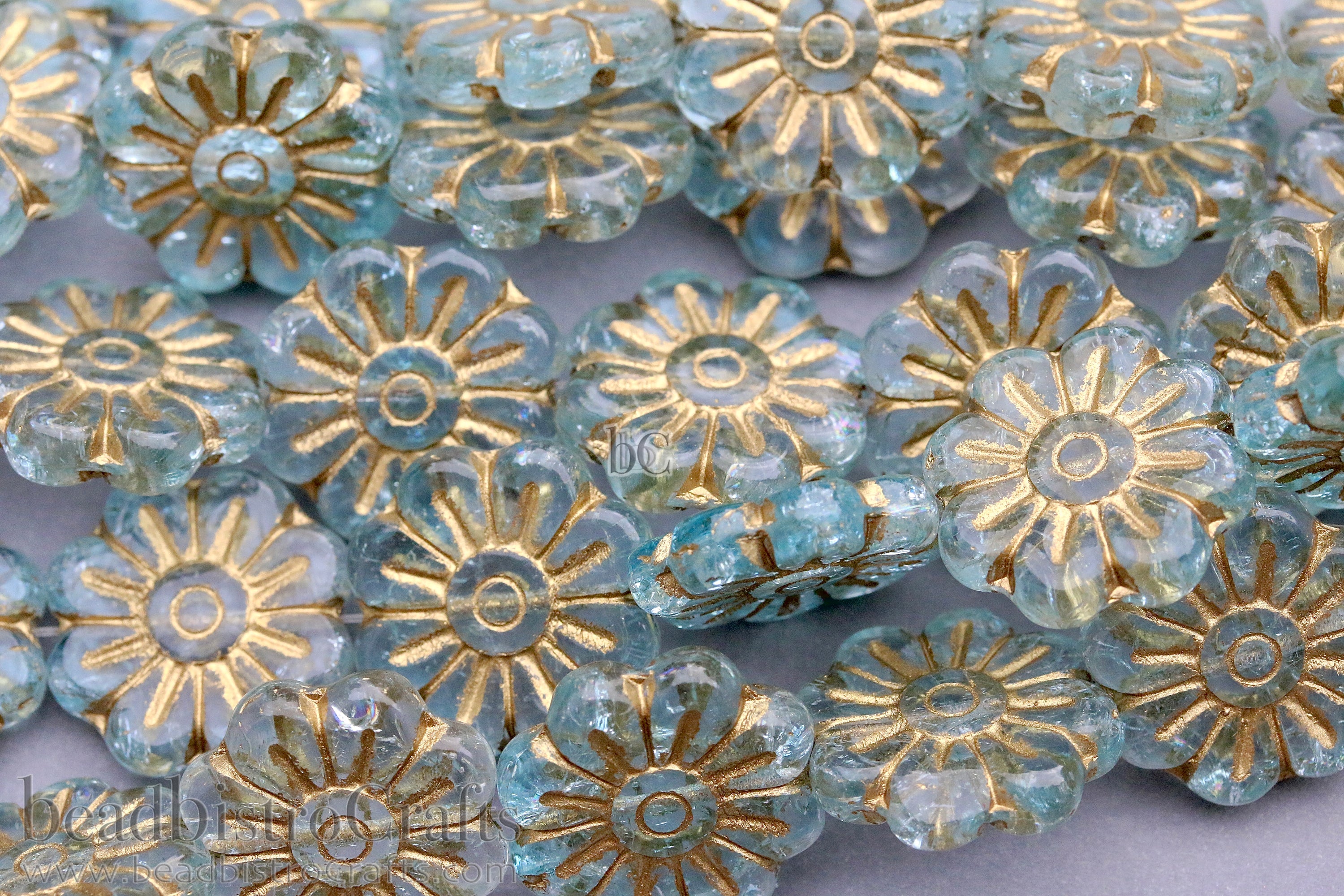 Czech Glass Daisy Flower Beads 18mm Crystal Pale Ice Gold Wash (4pcs)